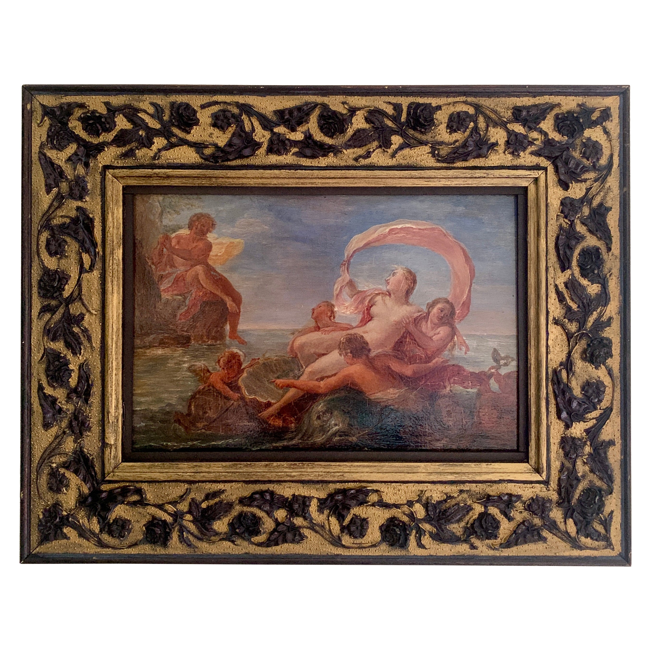 Antique Allegorical Oil Painting of Polyphemus and Galatea by Filippo Lauri
