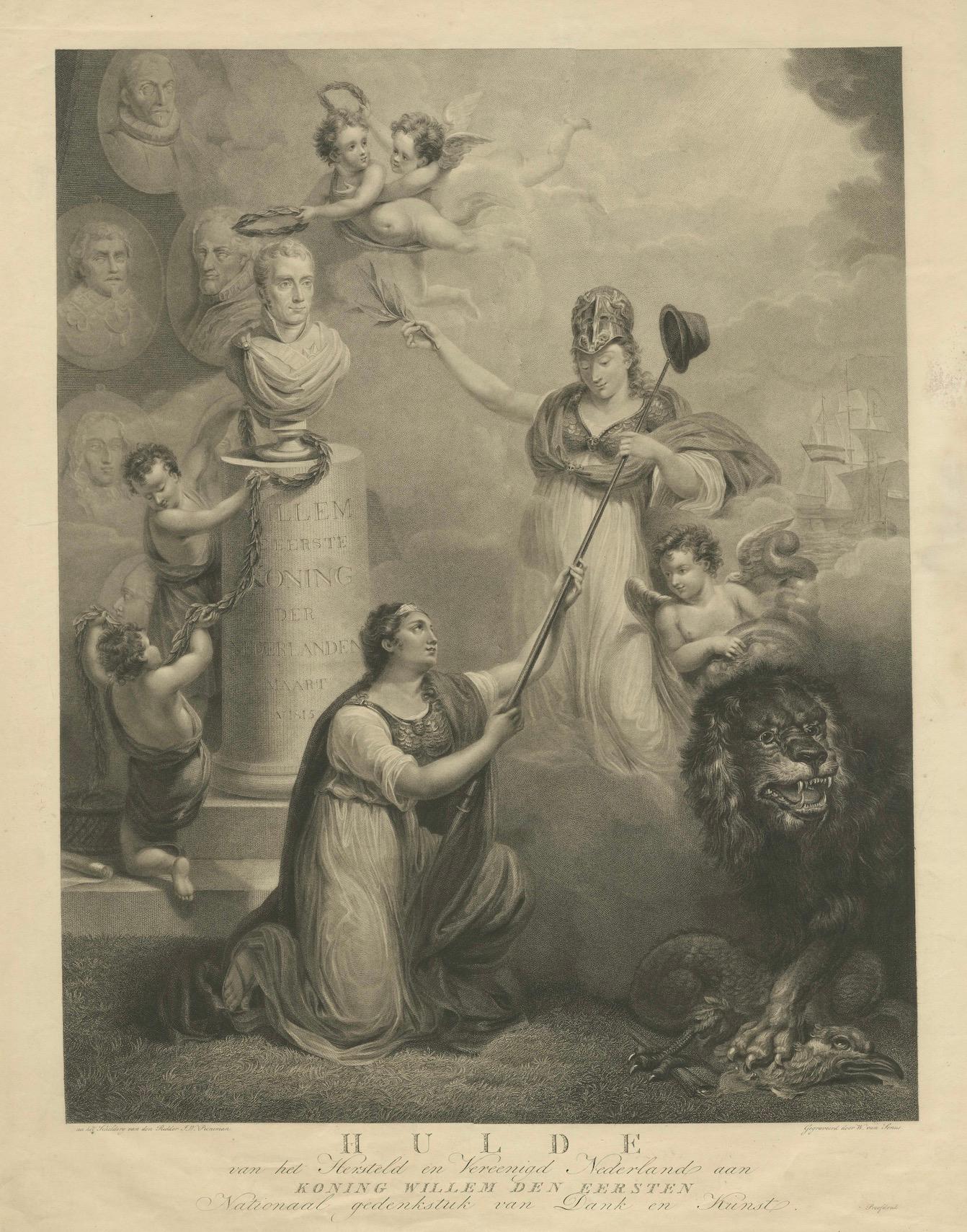Antiker Allegorischer Druck zur Feier von König Willem I. der Niederlande, 1815 im Angebot 3