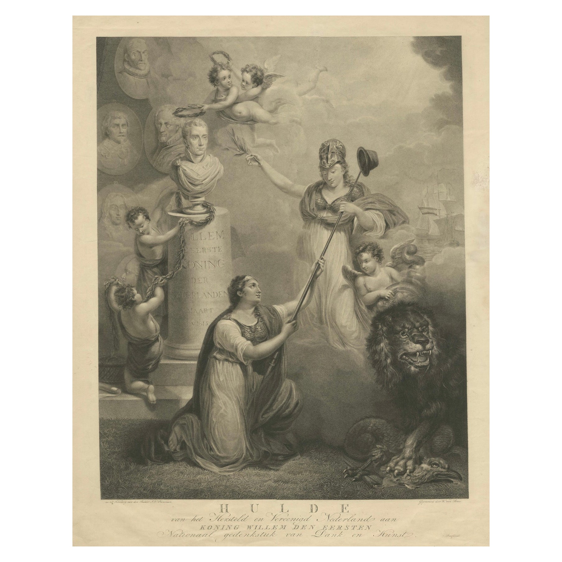 Estampe allégorique ancienne célébrant le roi Willem I des Pays-Bas, 1815 en vente