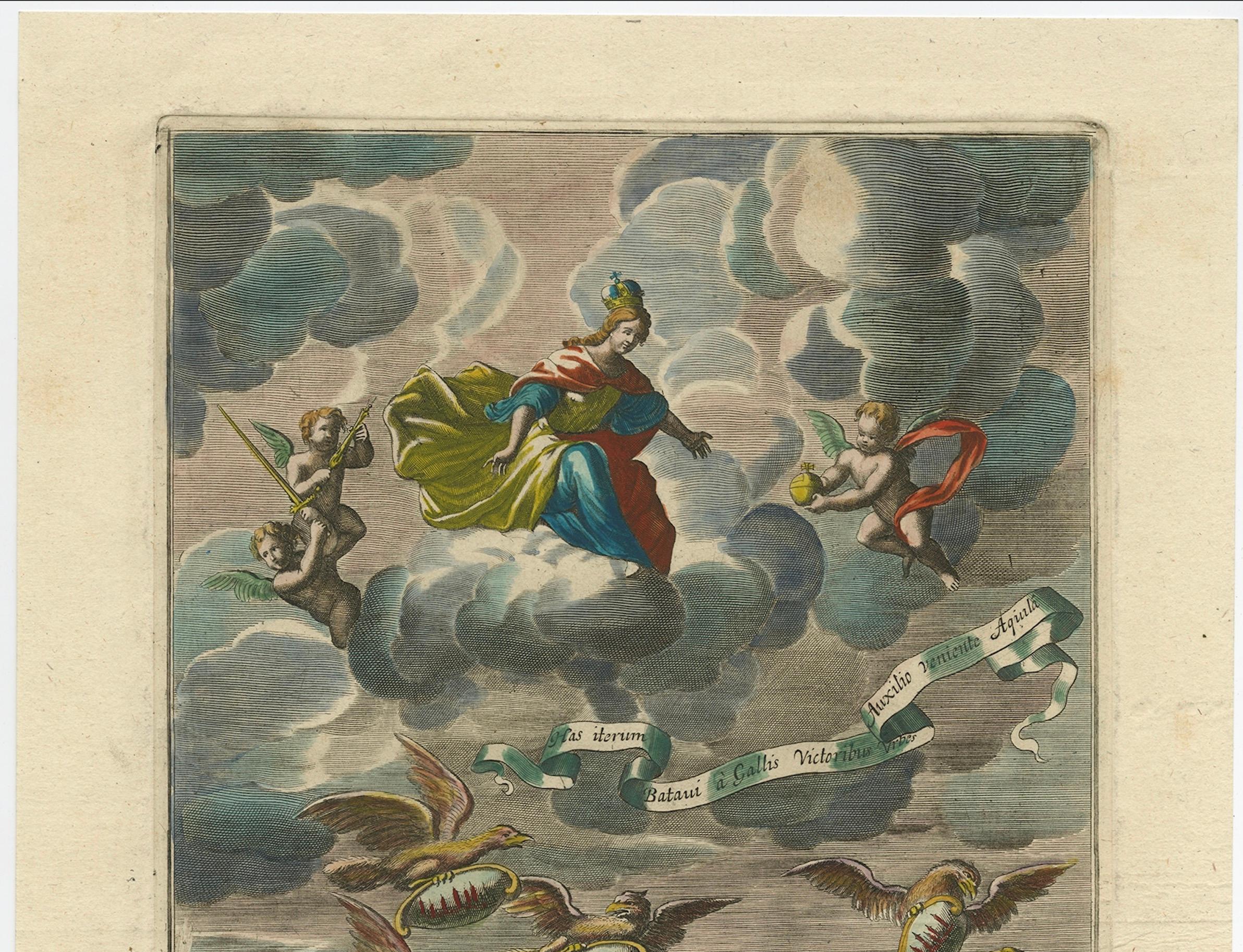 Batavian Victory Allegory ��– Antique Hand-Coloured Engraving by J. Müller, c.1750

This richly symbolic 18th-century hand-coloured engraving, titled Has Iterum Batavi a Gallis Victoribus..., presents an elaborate allegory of triumph and national