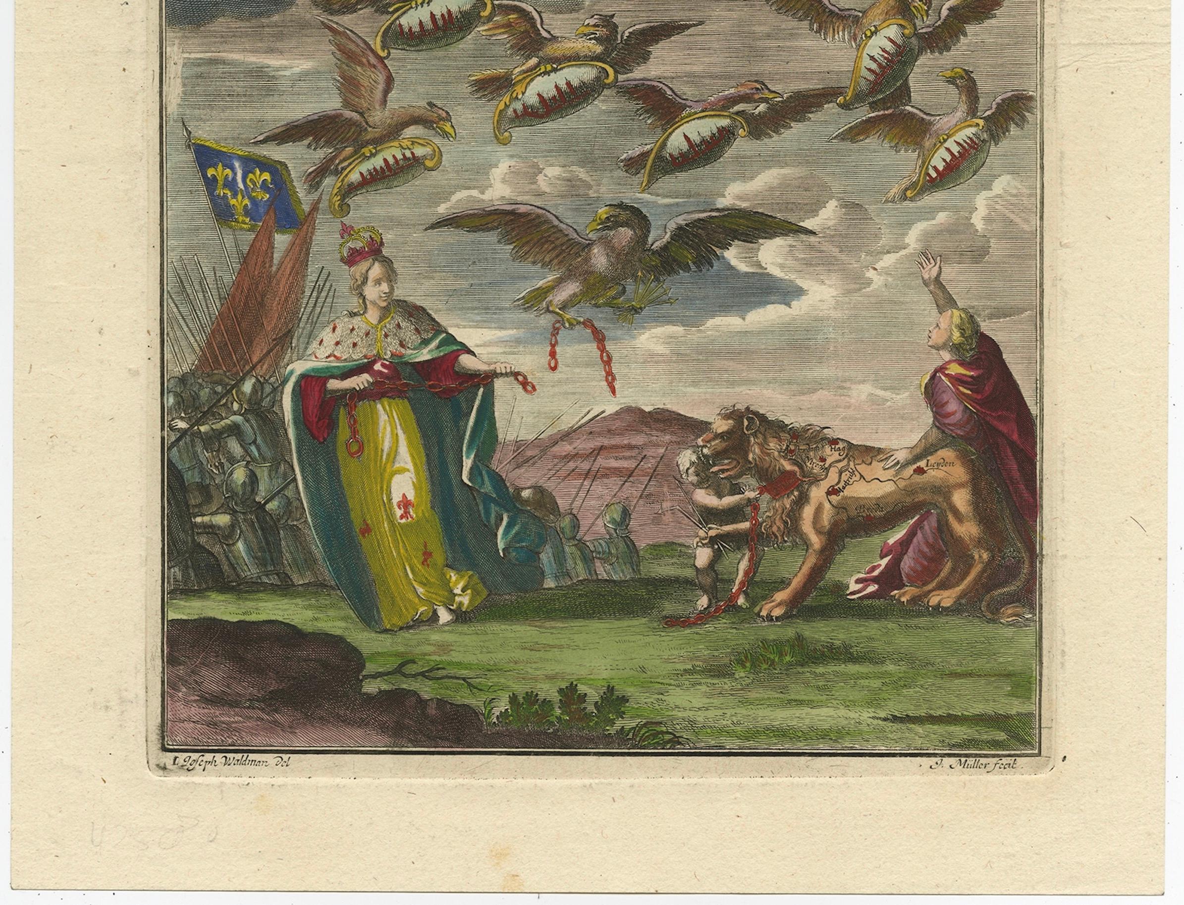 German Antique Allegorical Print – Dutch Victory over France, Hand-Coloured, ca.1750 For Sale