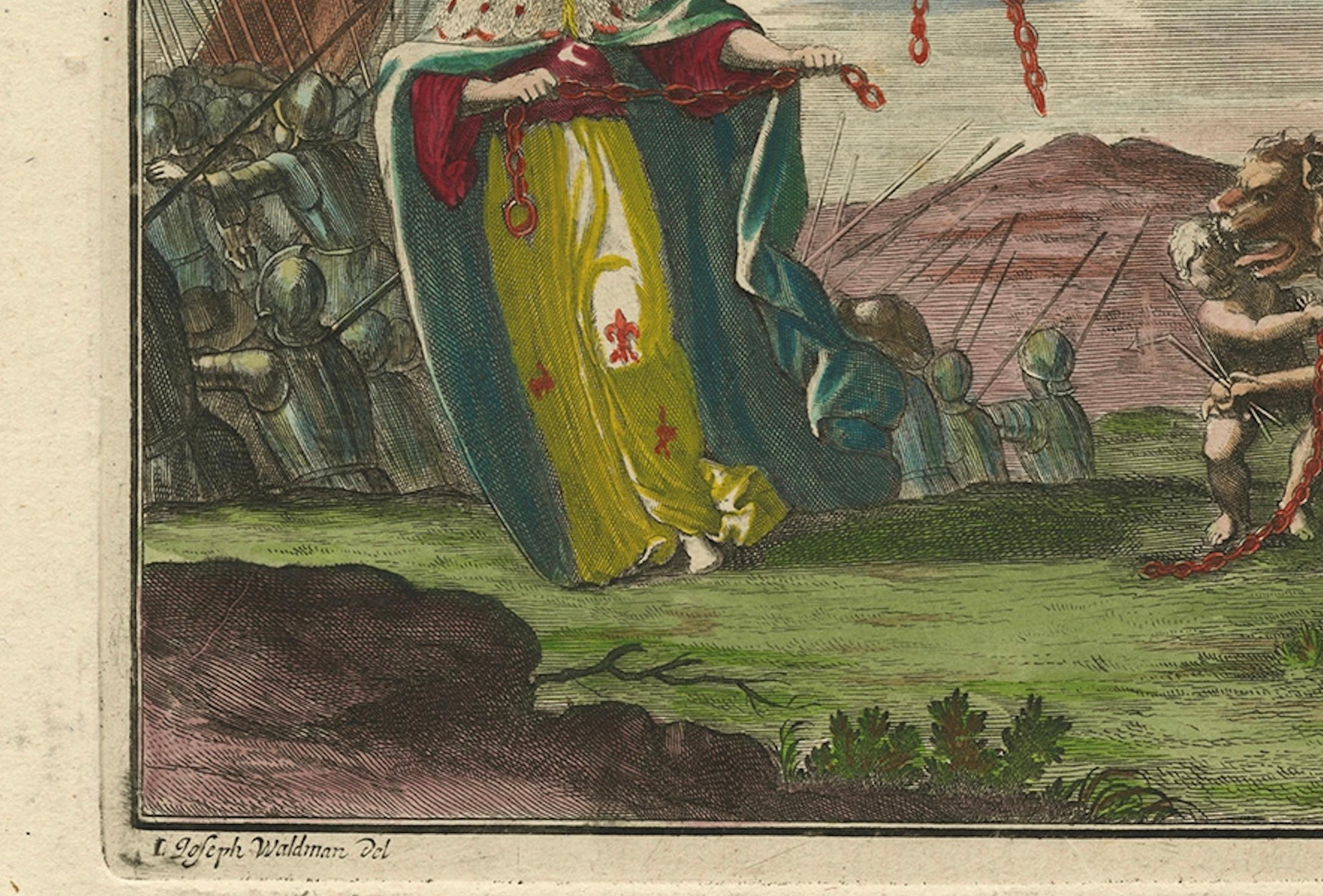 Engraved Antique Allegorical Print – Dutch Victory over France, Hand-Coloured, ca.1750 For Sale