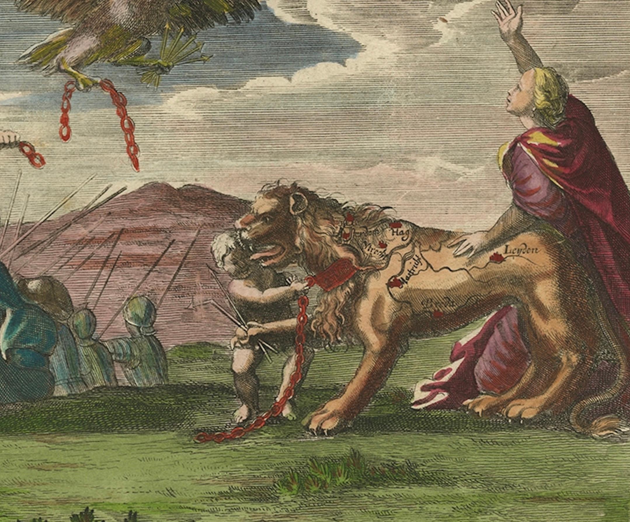 Antique Allegorical Print – Dutch Victory over France, Hand-Coloured, ca.1750 In Good Condition For Sale In Langweer, NL