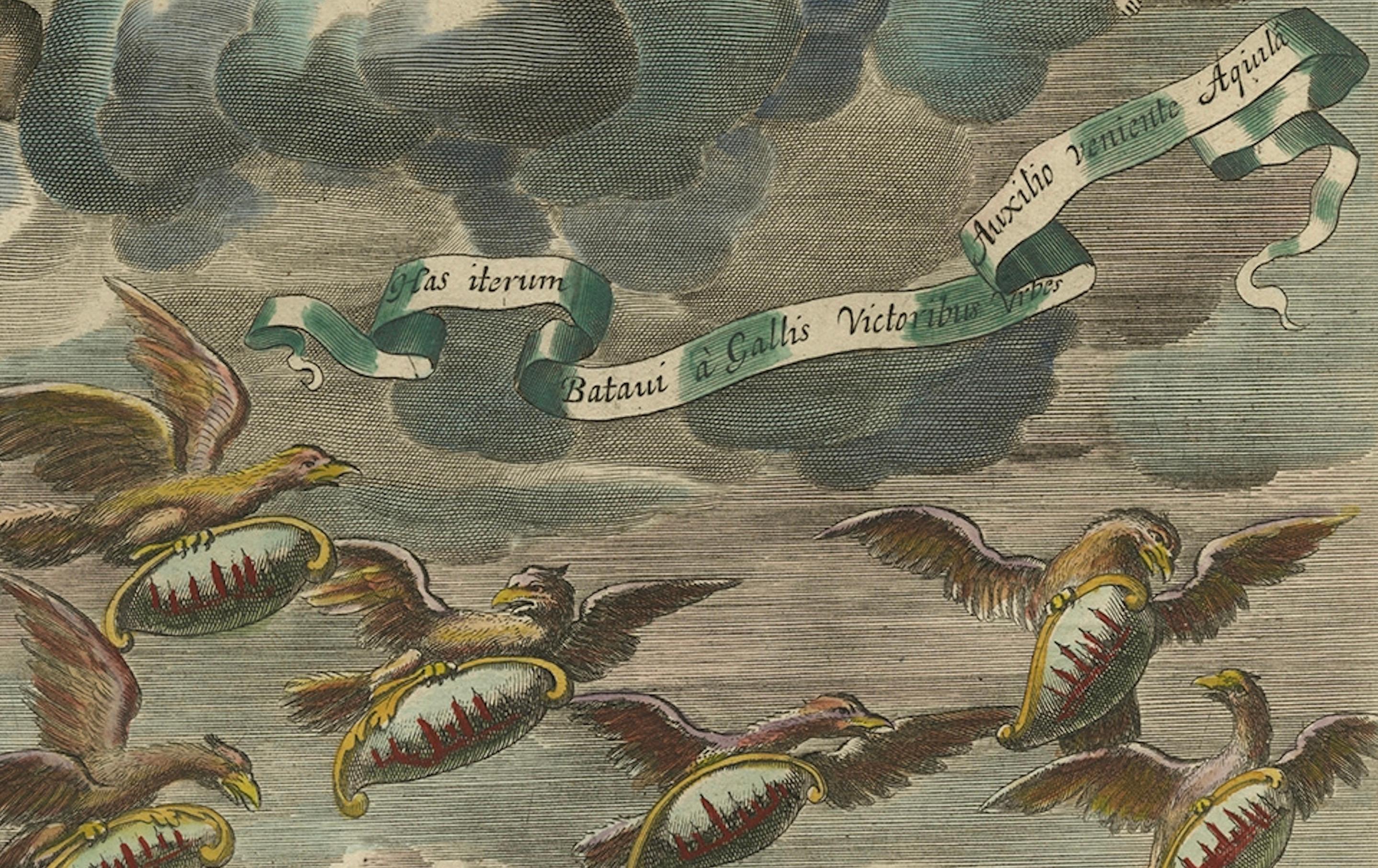 18th Century Antique Allegorical Print – Dutch Victory over France, Hand-Coloured, ca.1750 For Sale