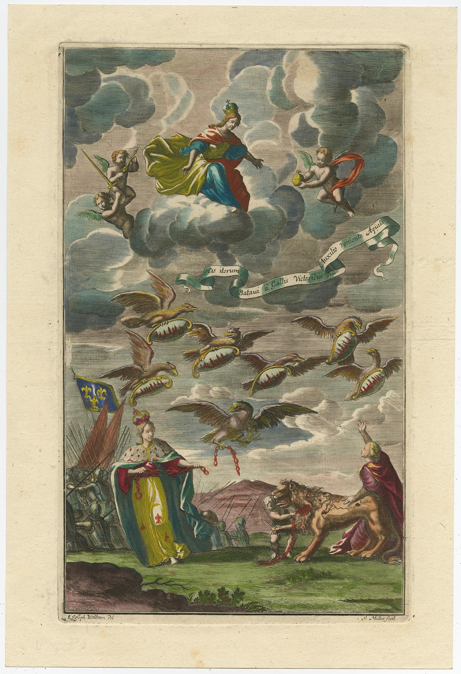 Antique Allegorical Print – Dutch Victory over France, Hand-Coloured, ca.1750 For Sale 2