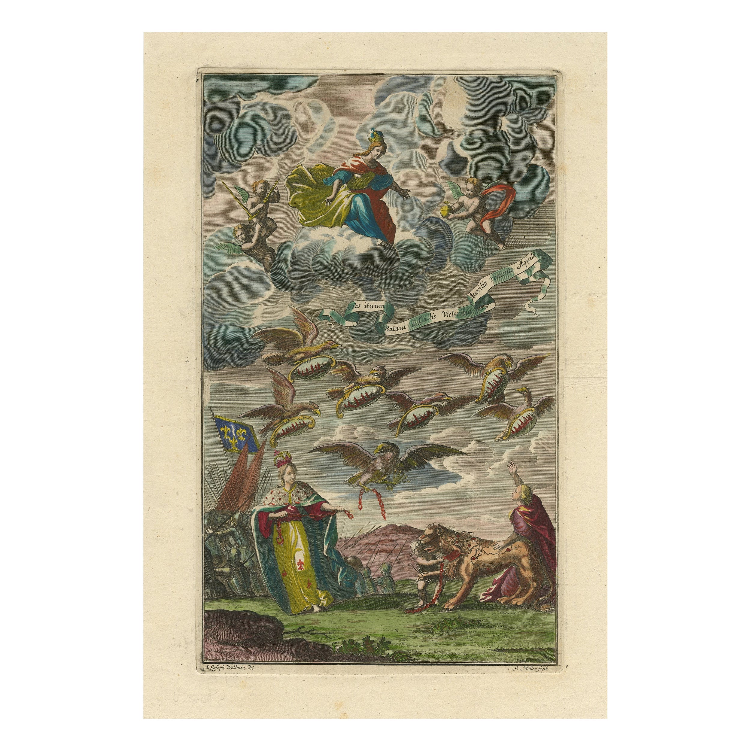 Grabado alegórico antiguo - Victoria holandesa sobre Francia, coloreado a mano, ca.1750