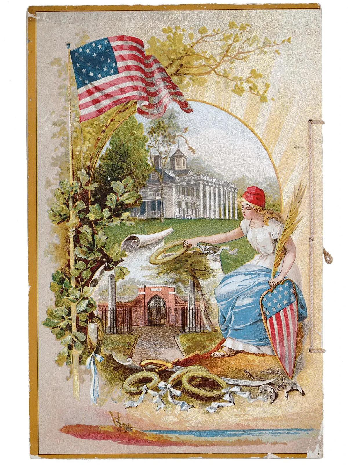 An antique American album, George Washington. Published by Allen and Ginter, Richmond, Virginia. Circa: 1880. The album includes lithographic printed images of trade cards from the George Washington series, arranged on each page over illustrations