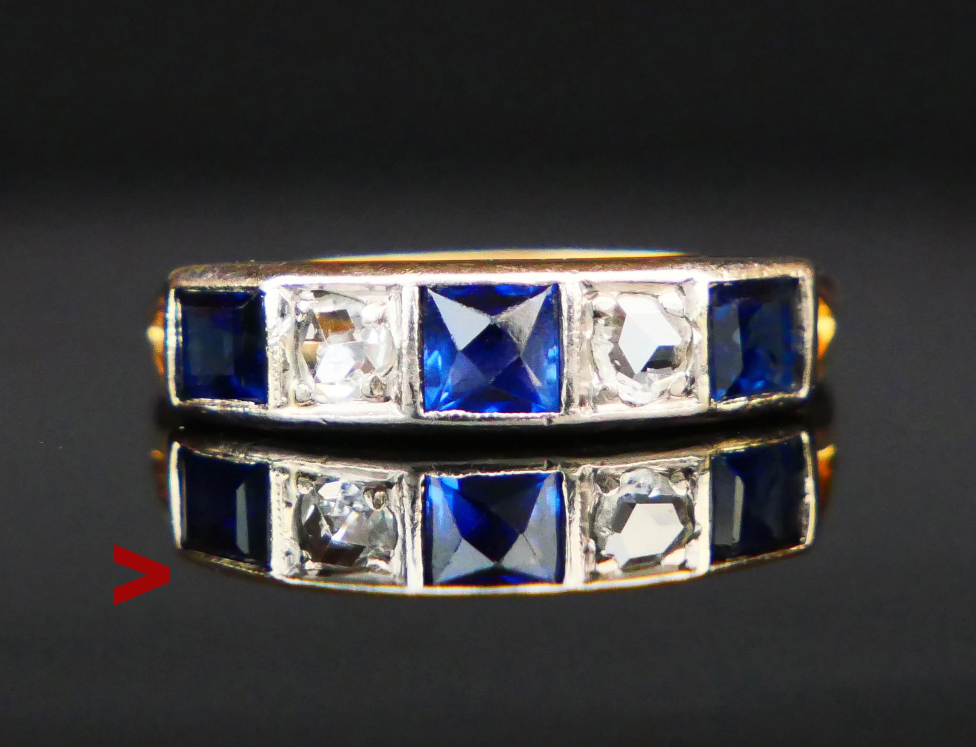 Antique Alliance Ring featuring solid 18K Yellow Gold frame holding Blue Sapphires and Diamonds set in Platinum or White gold clusters.

Swedish, early XX century. Hallmarked with fragmented Swedish hallmarks and 18K.

The color of Sapphires is