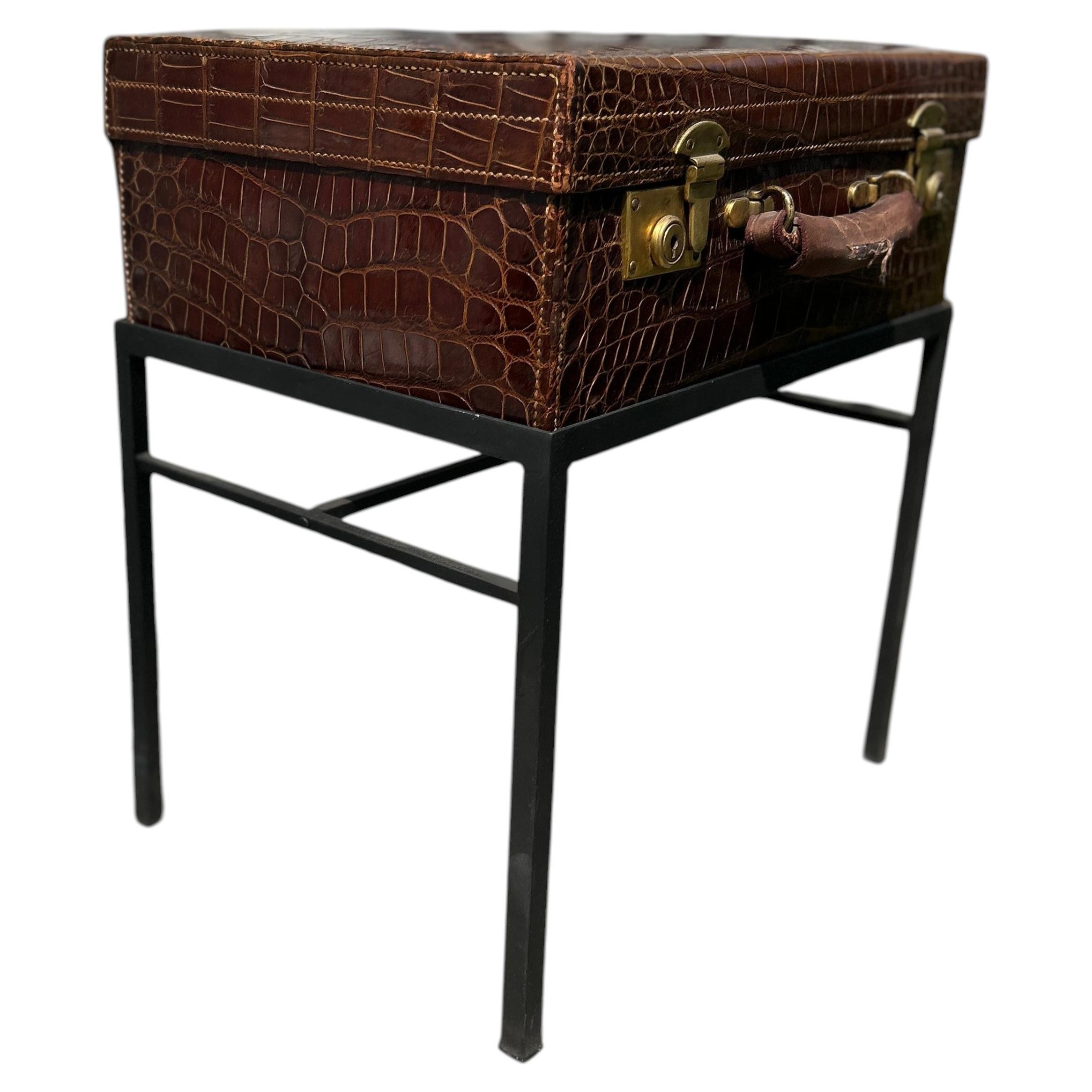 Antique alligator suitcase iron side table For Sale