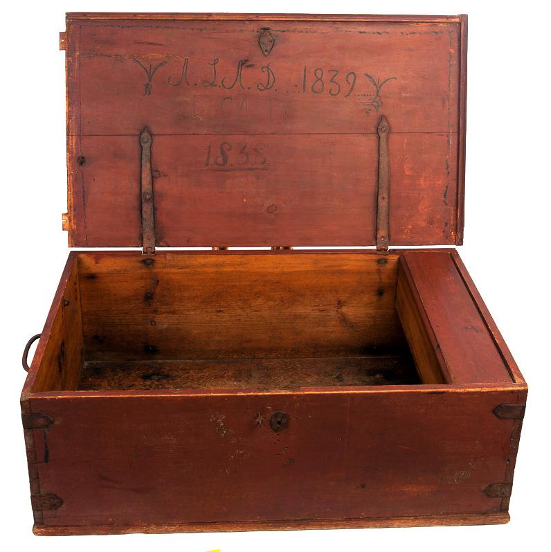 Folk Art Antique Allmoge Chest from Sweden 1839 in Pine For Sale