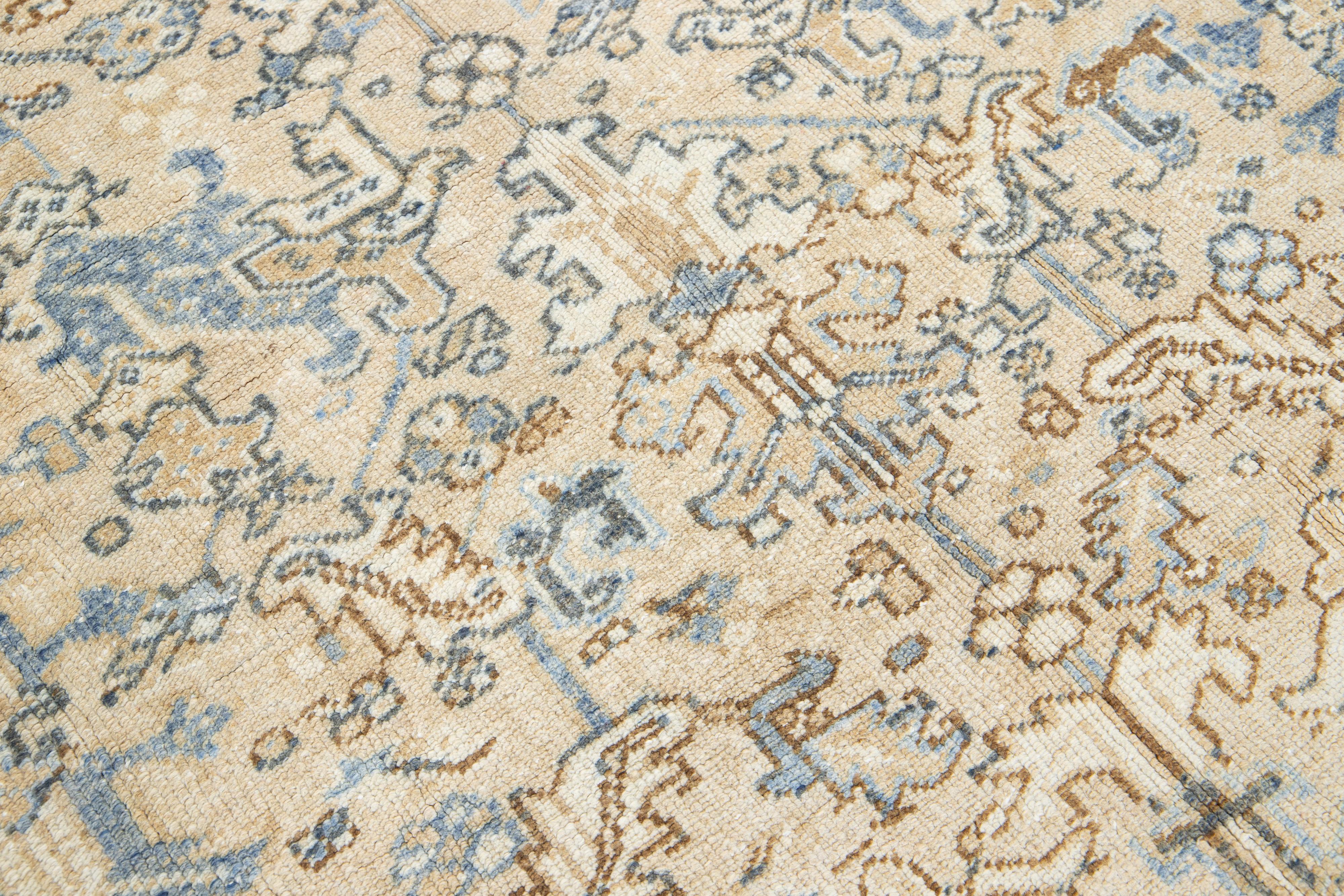 Antique Allover Persian Heriz Wool Rug In Beige and Blue For Sale 3