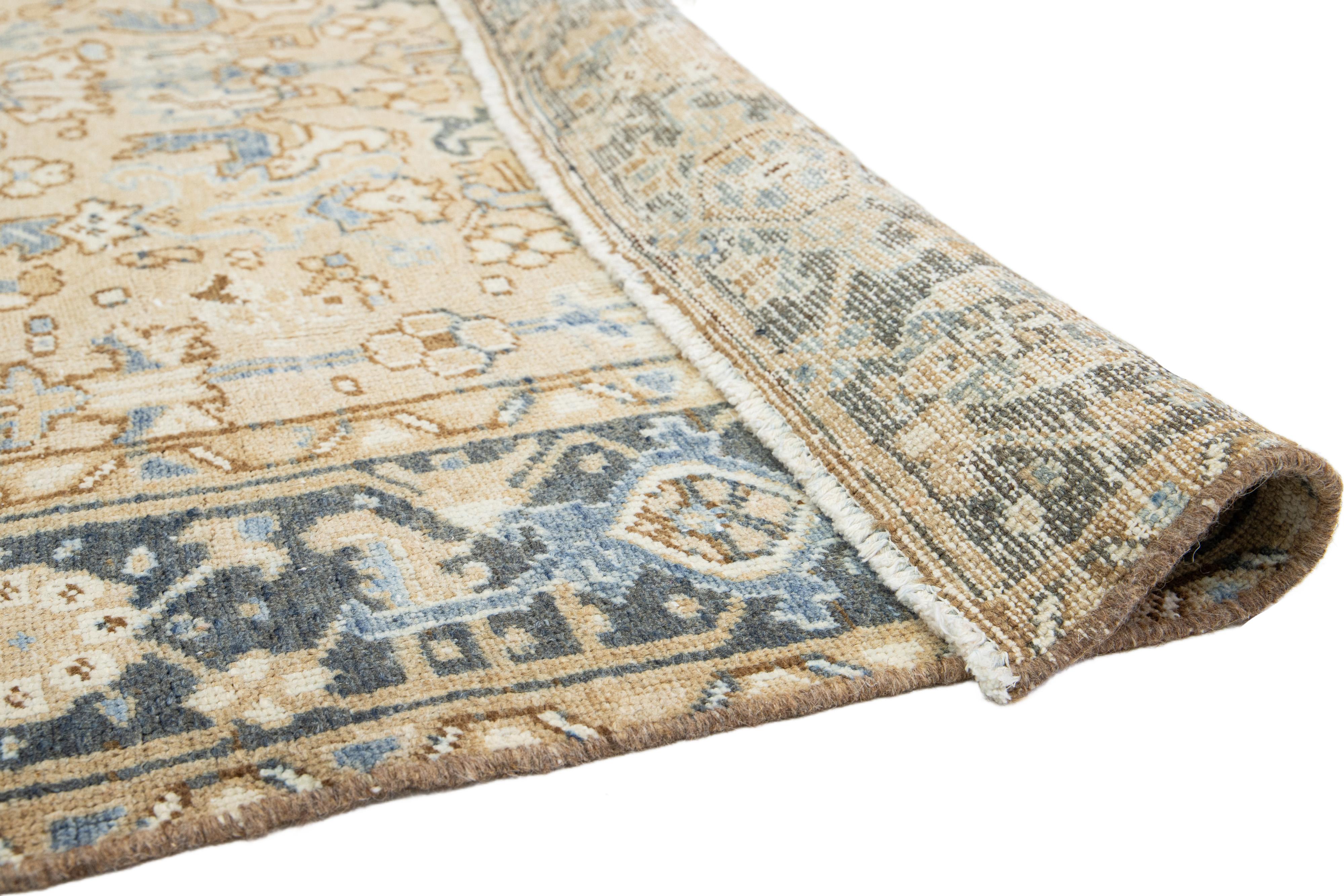 Heriz Serapi Antique Allover Persian Heriz Wool Rug In Beige and Blue For Sale