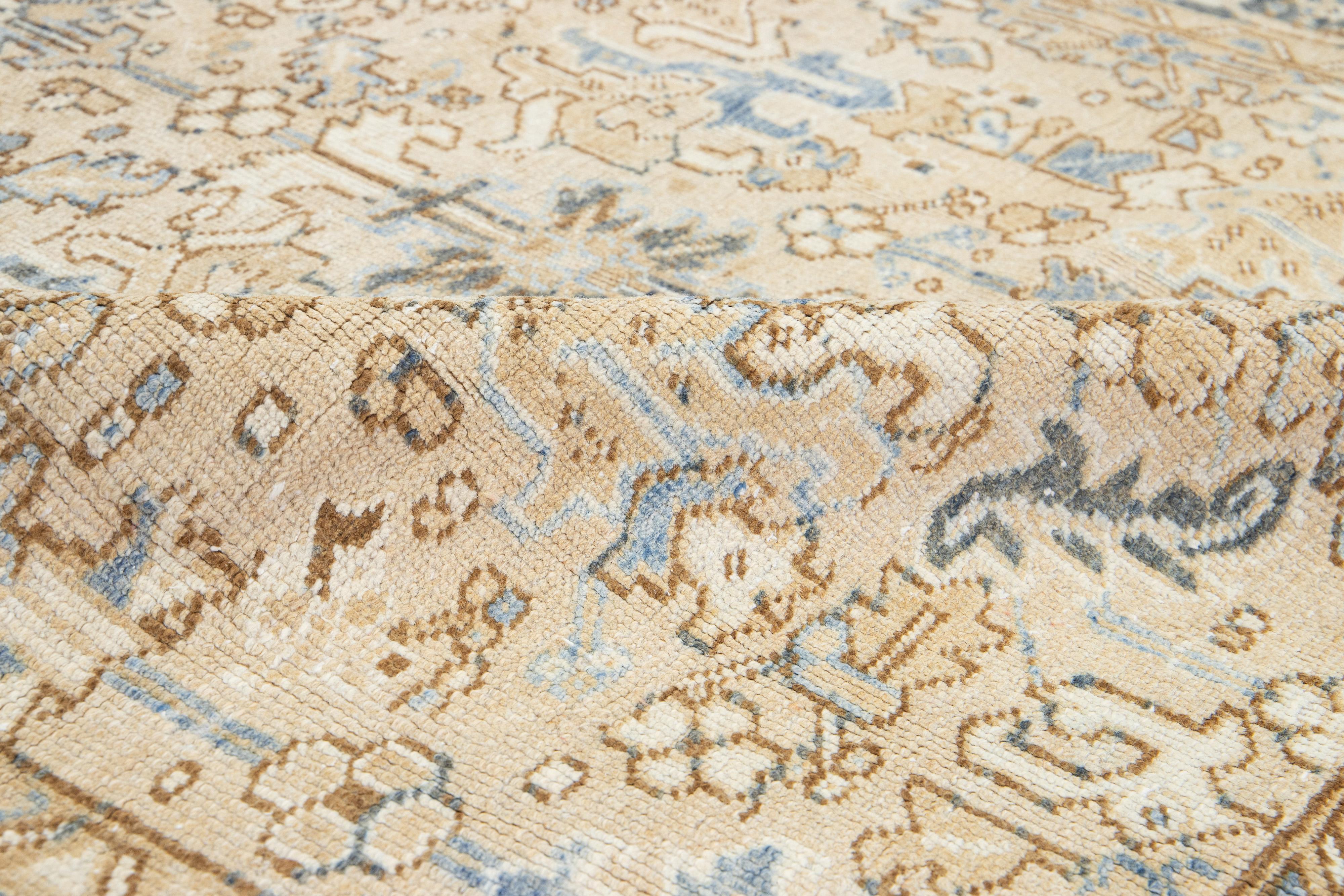 Afghan Antique Allover Persian Heriz Wool Rug In Beige and Blue For Sale