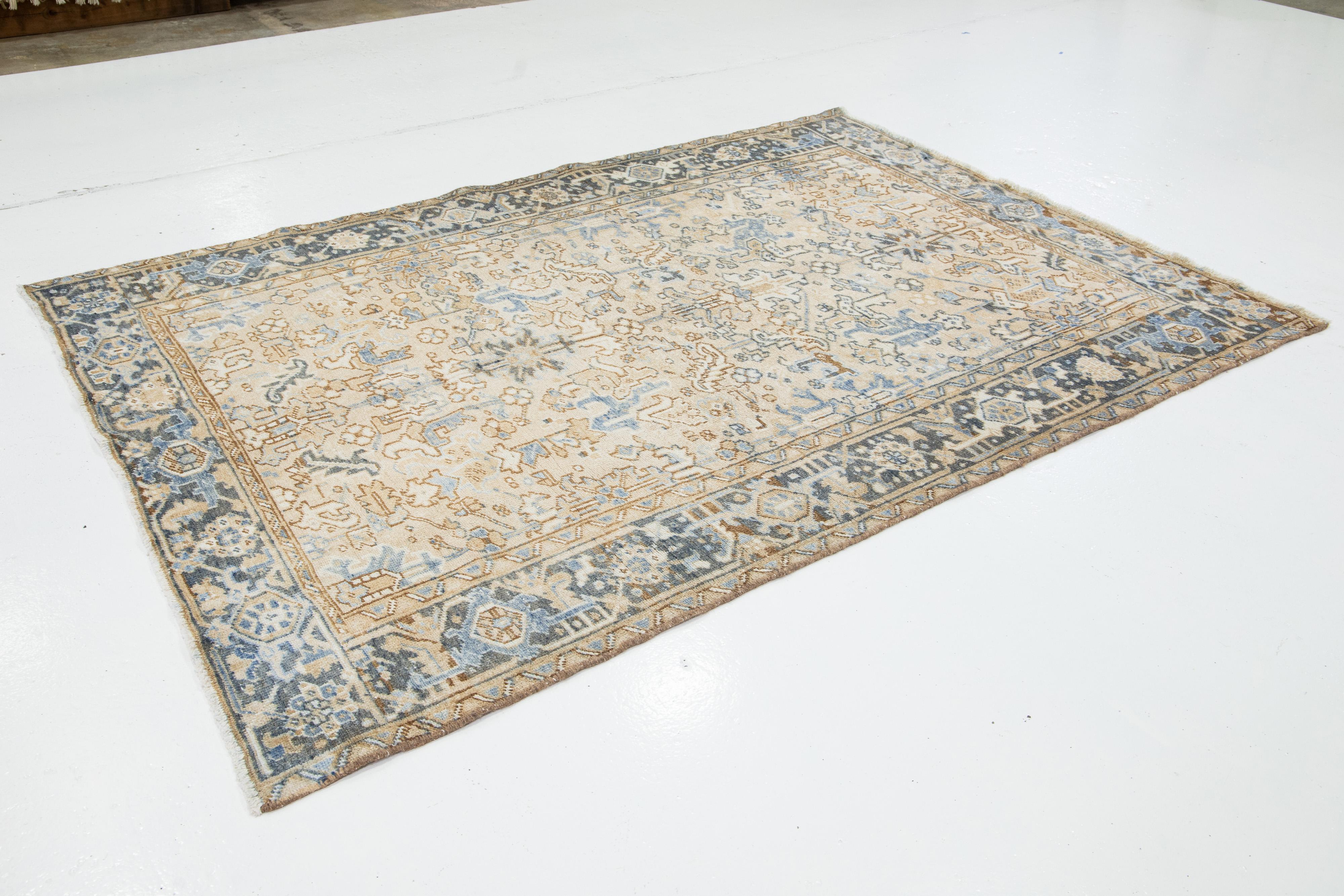 Hand-Knotted Antique Allover Persian Heriz Wool Rug In Beige and Blue For Sale