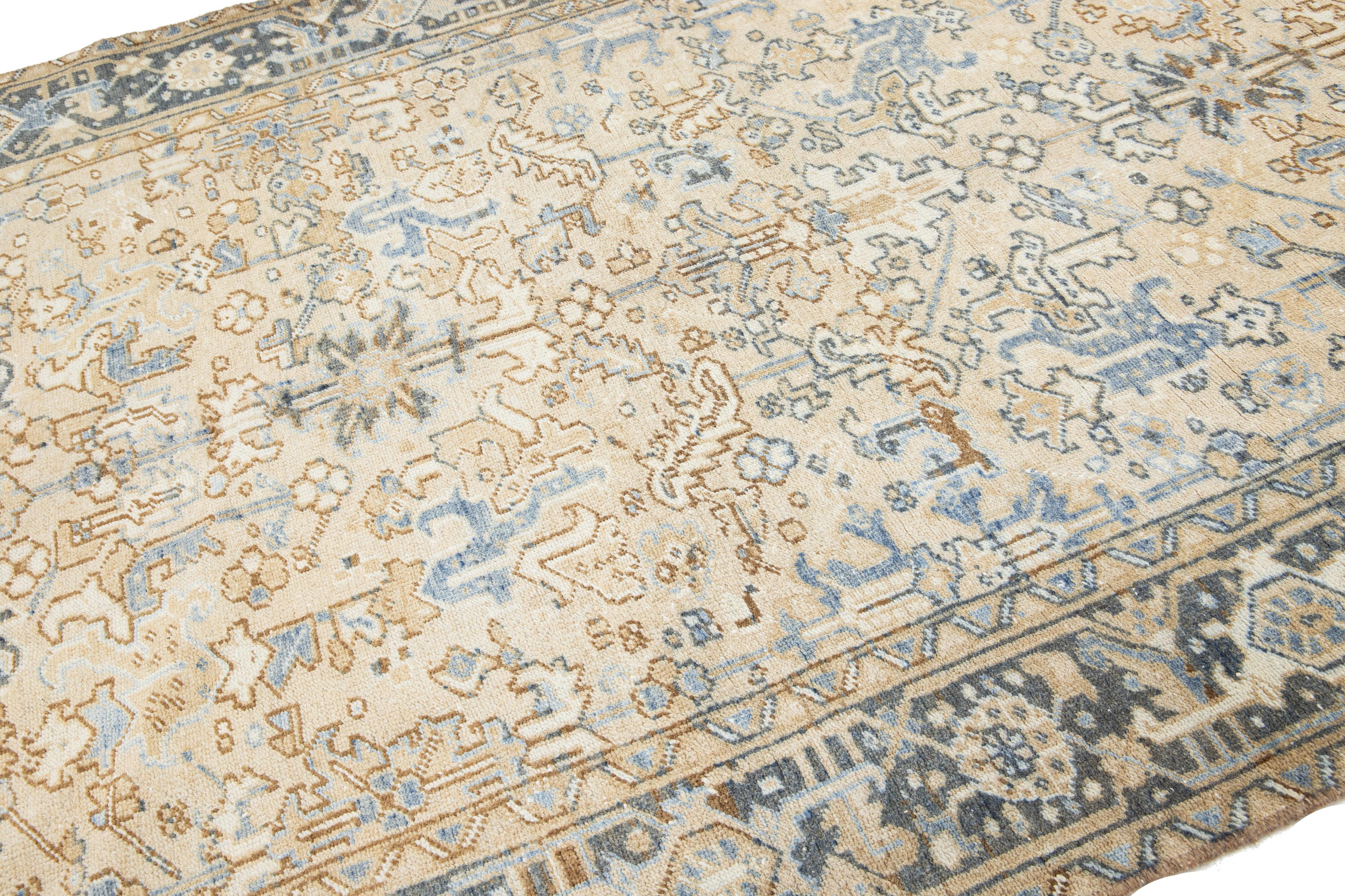 Antique Allover Persian Heriz Wool Rug In Beige and Blue In Excellent Condition For Sale In Norwalk, CT