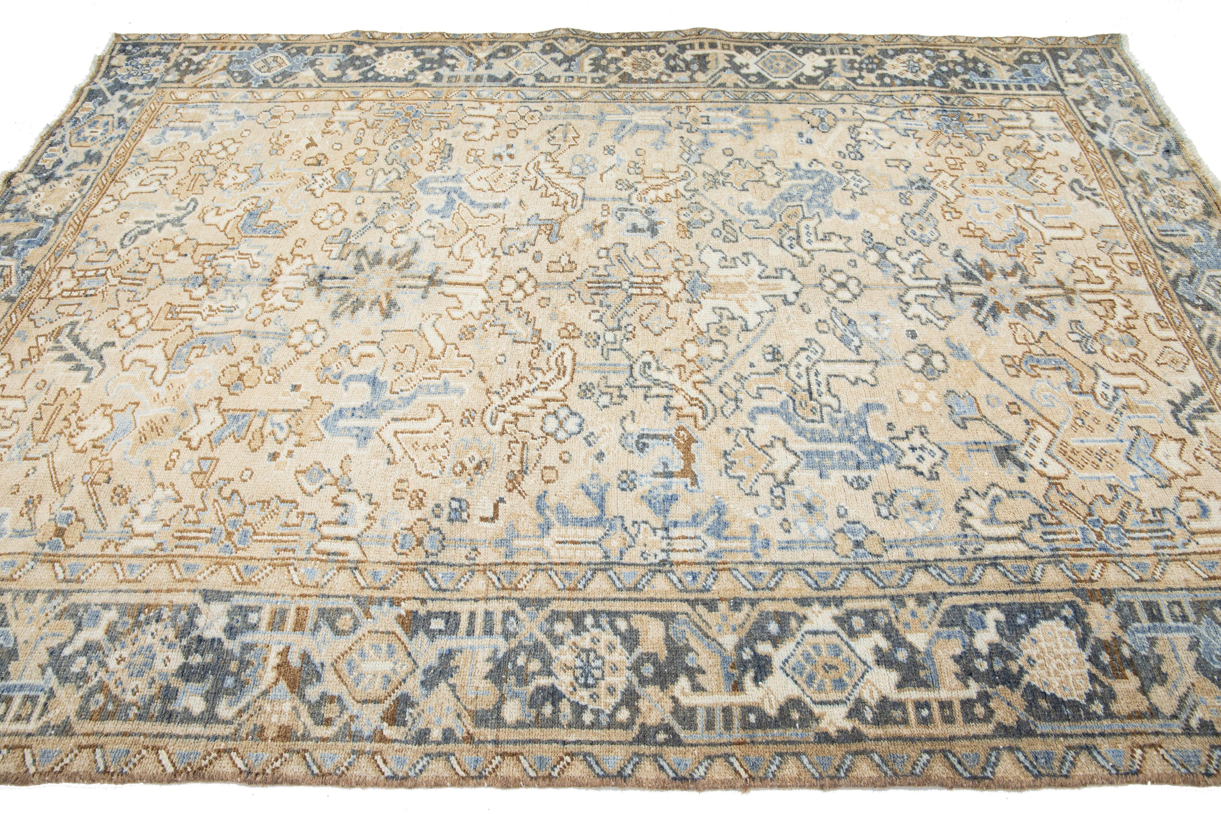 Early 20th Century Antique Allover Persian Heriz Wool Rug In Beige and Blue For Sale