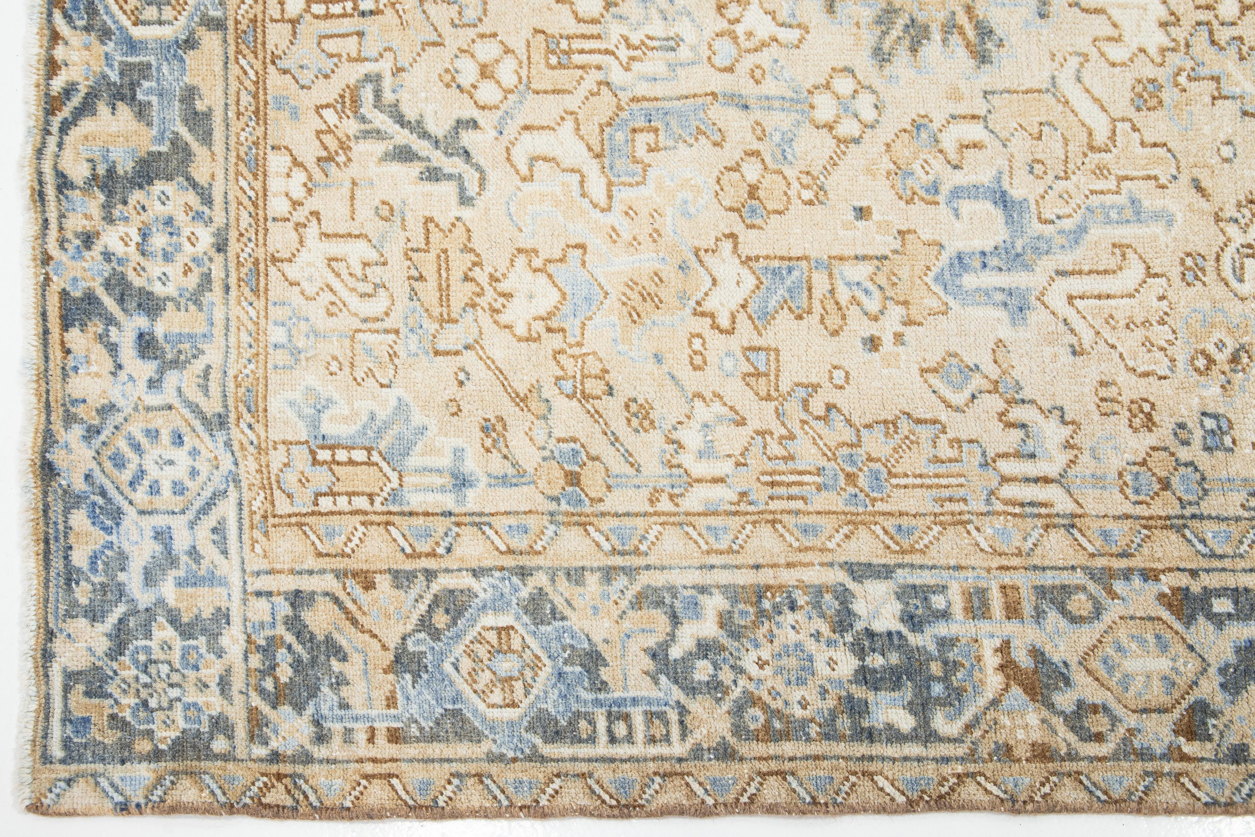Antique Allover Persian Heriz Wool Rug In Beige and Blue For Sale 1