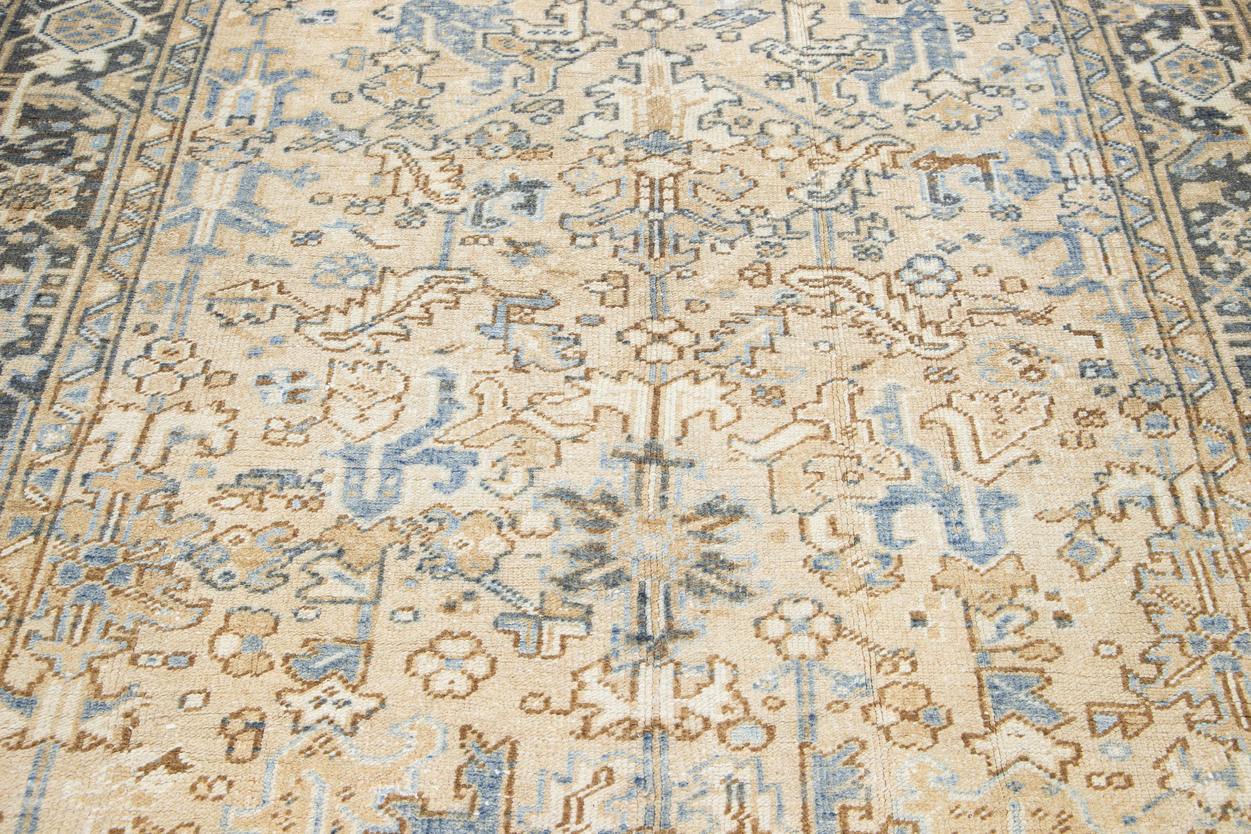 Antique Allover Persian Heriz Wool Rug In Beige and Blue For Sale 2