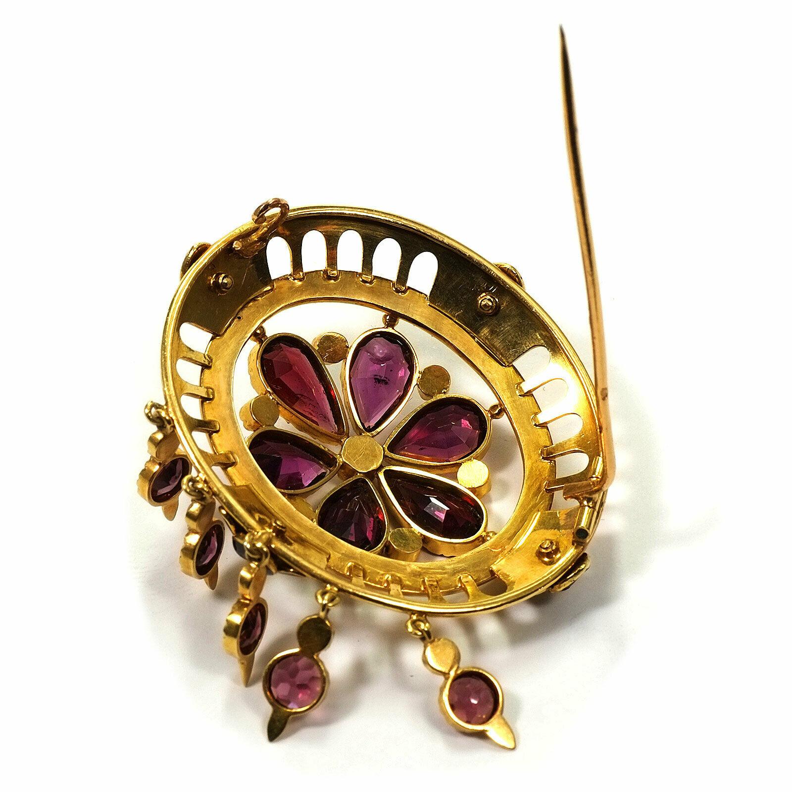 Victorian Antique Almandine Black Enamel 18 Karat Gold Brooch, Paris, circa 1860 For Sale