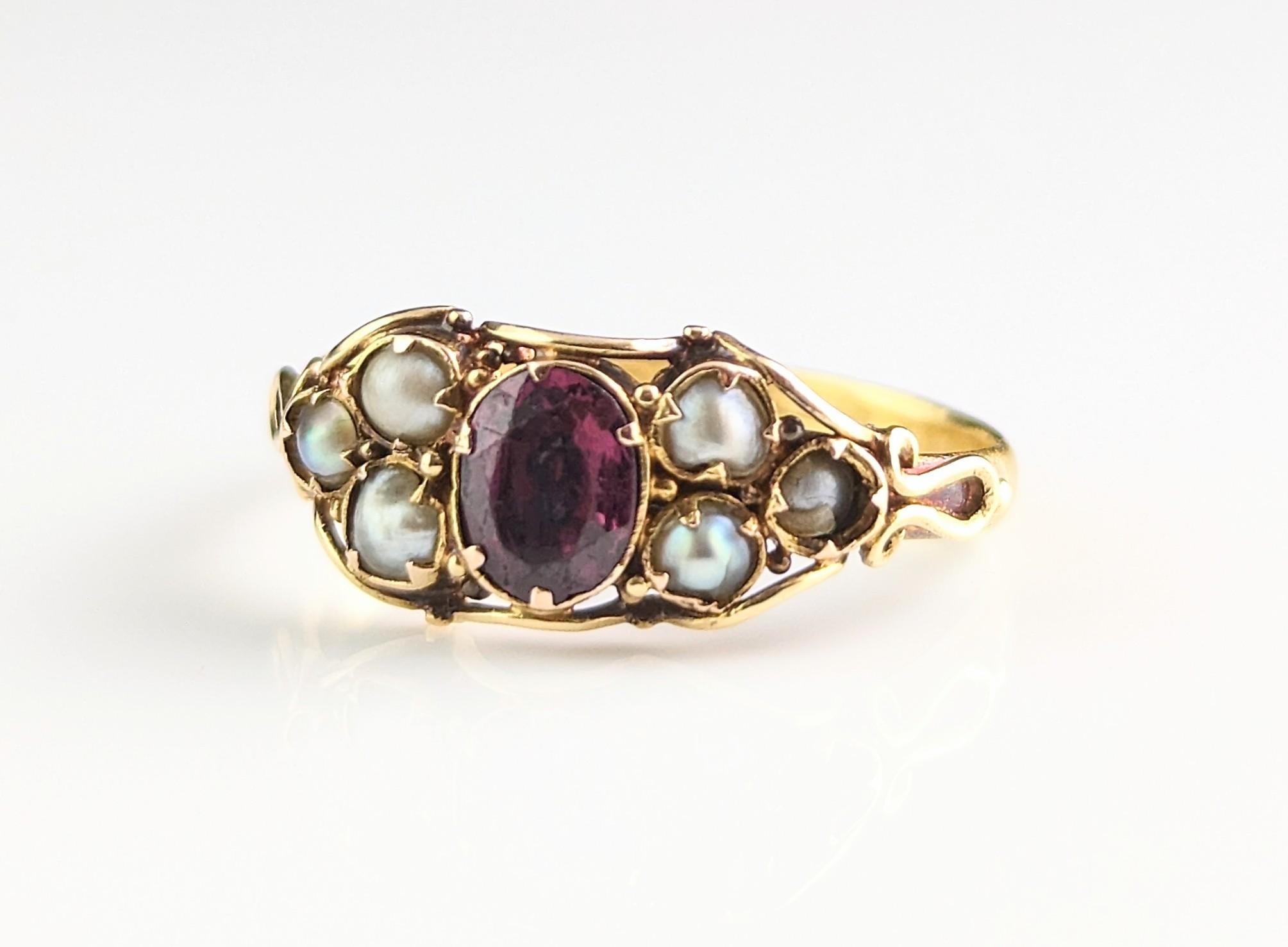 Antique Almandine Garnet and Pearl Ring, 22k Yellow Gold 6