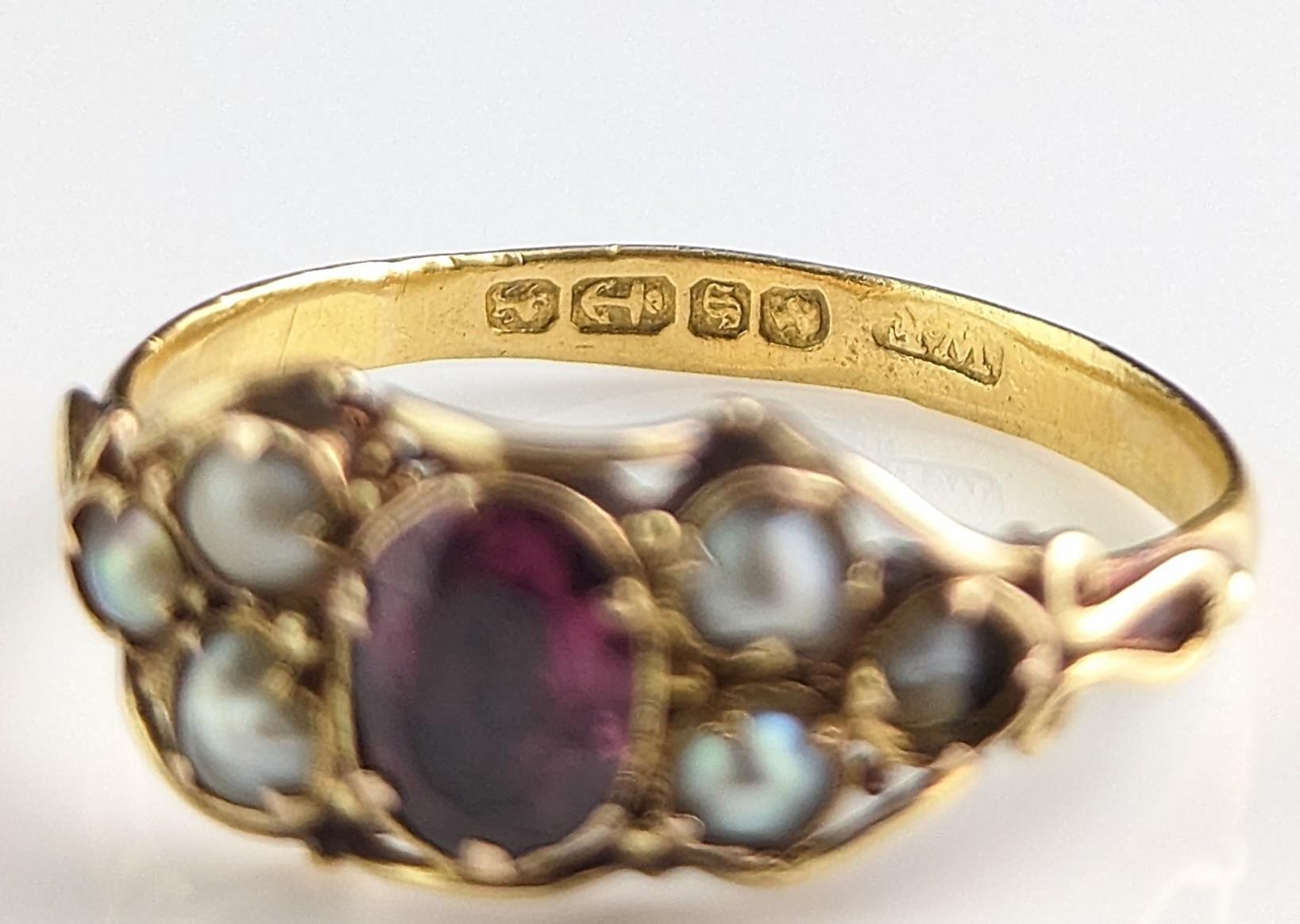 Antique Almandine Garnet and Pearl Ring, 22k Yellow Gold 7