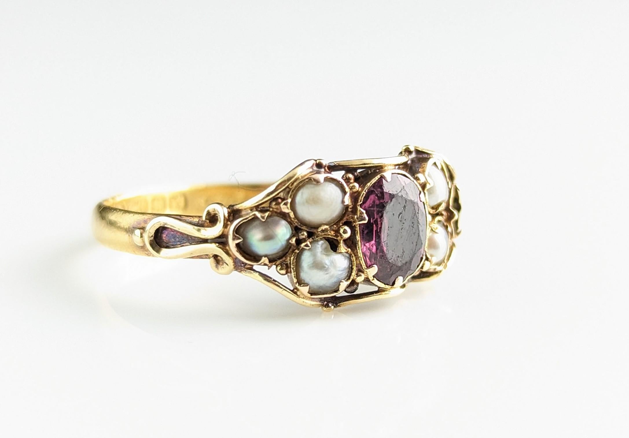 Antique Almandine Garnet and Pearl Ring, 22k Yellow Gold 10