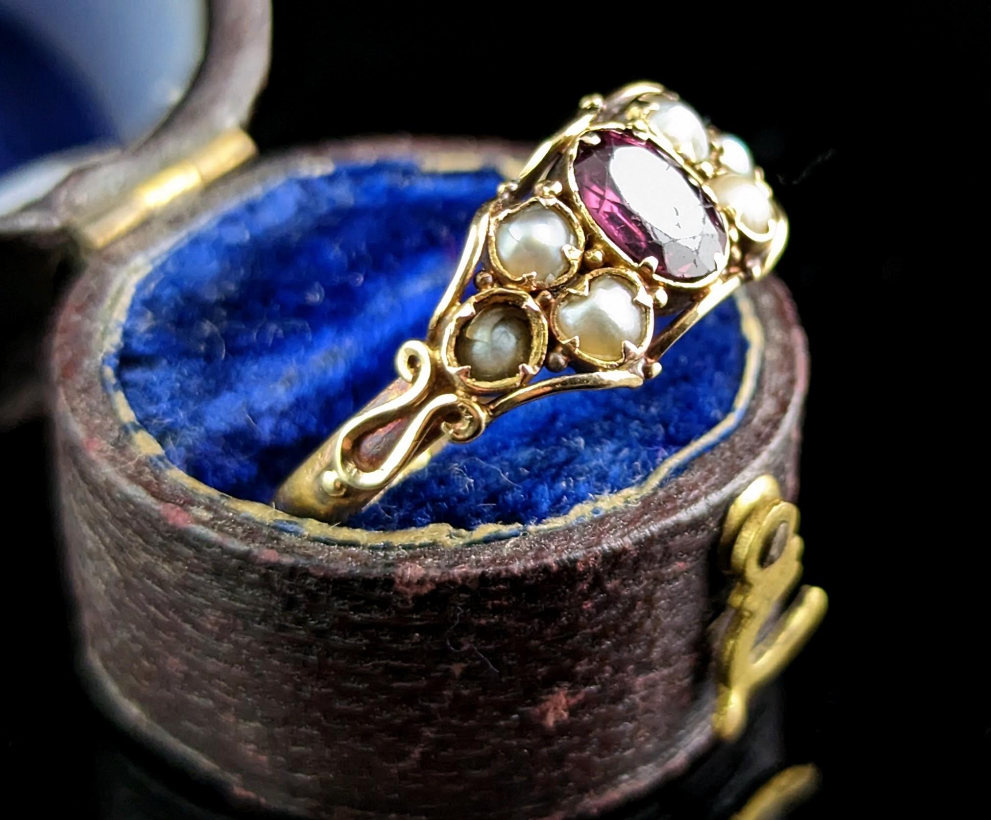 Early Victorian Antique Almandine Garnet and Pearl Ring, 22k Yellow Gold
