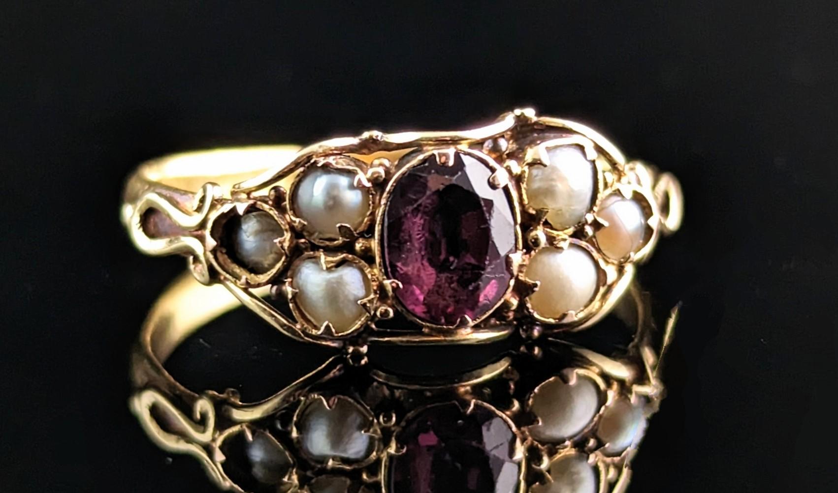 Oval Cut Antique Almandine Garnet and Pearl Ring, 22k Yellow Gold