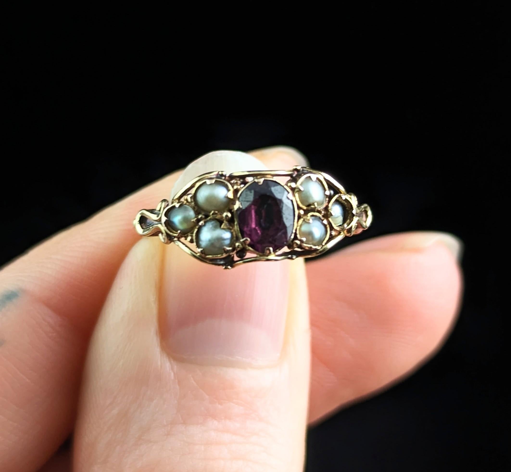 Antique Almandine Garnet and Pearl Ring, 22k Yellow Gold 1