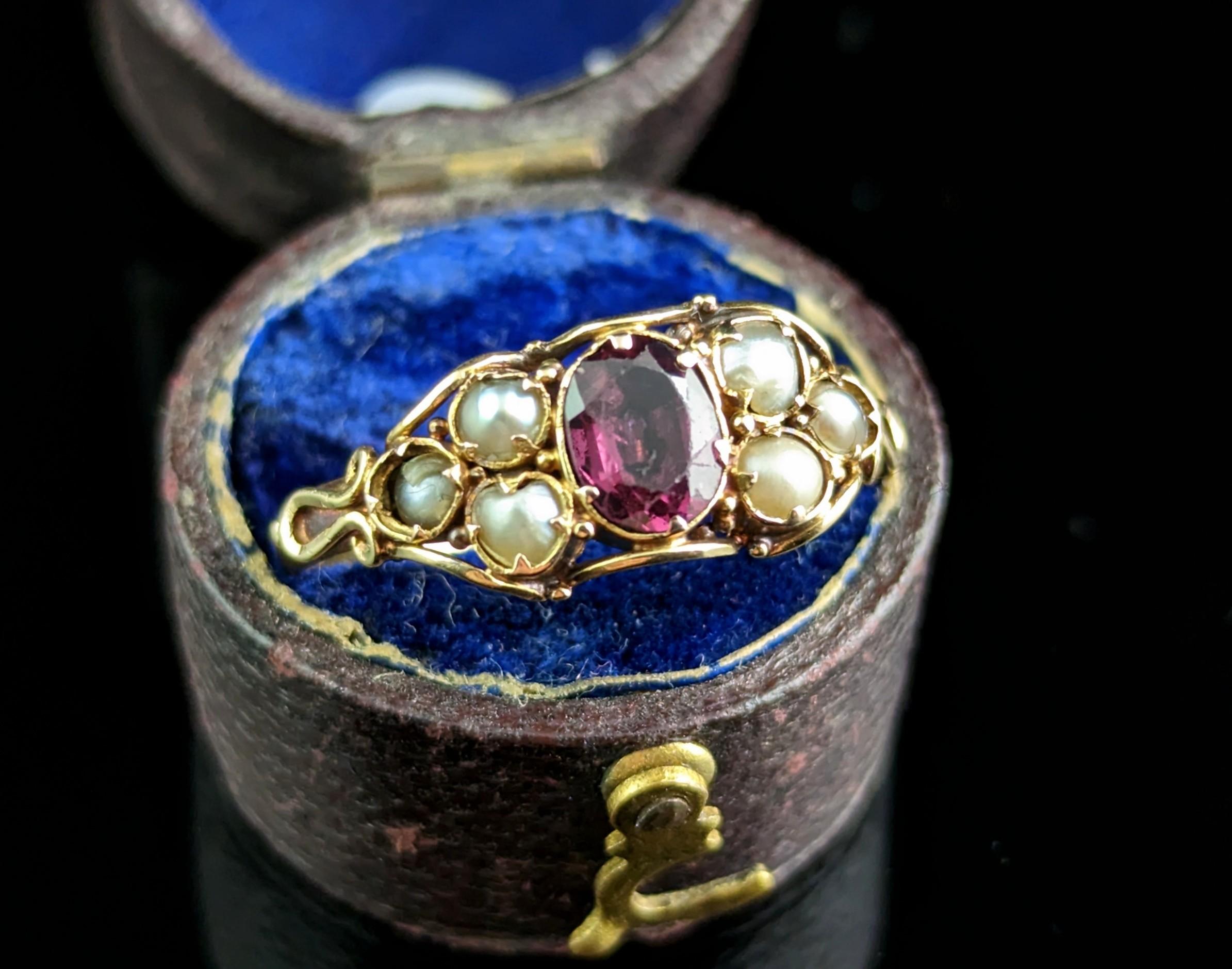 Antique Almandine Garnet and Pearl Ring, 22k Yellow Gold 2