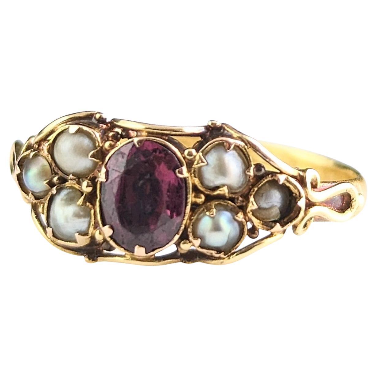 Antique Almandine Garnet and Pearl Ring, 22k Yellow Gold