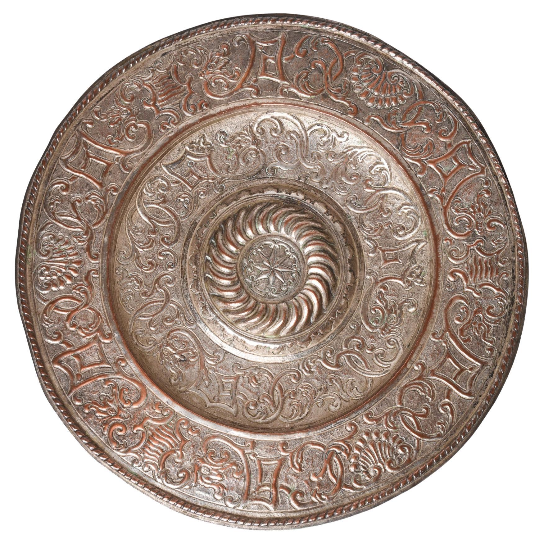 Antique Silver-Plated Copper Alms Tray, Baroque Style, Italy, 1800s