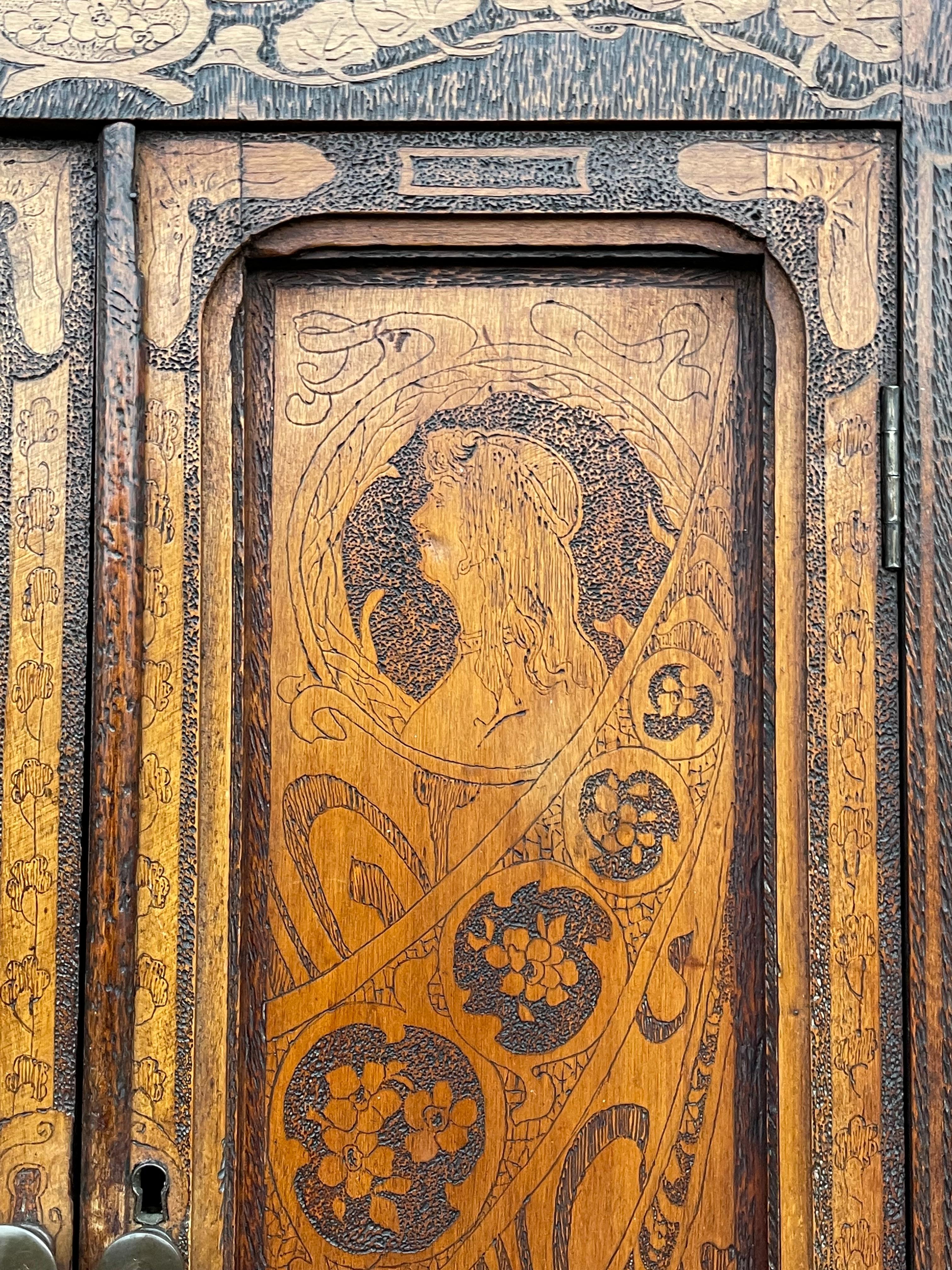 Antique Alphonse Mucha Style Wall Cabinet with Intricate Pokerwork Decoration 2