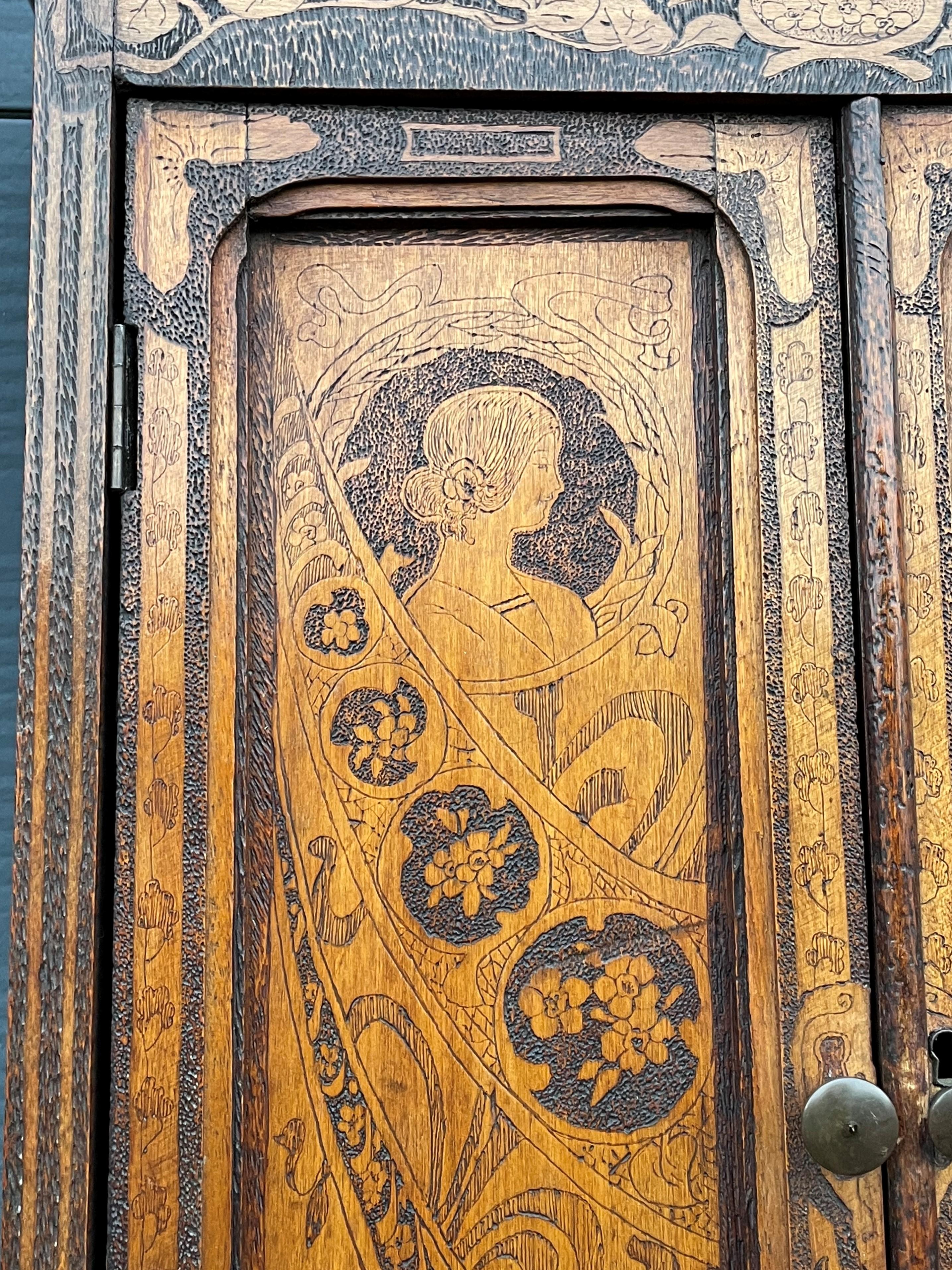 Antique Alphonse Mucha Style Wall Cabinet with Intricate Pokerwork Decoration 3