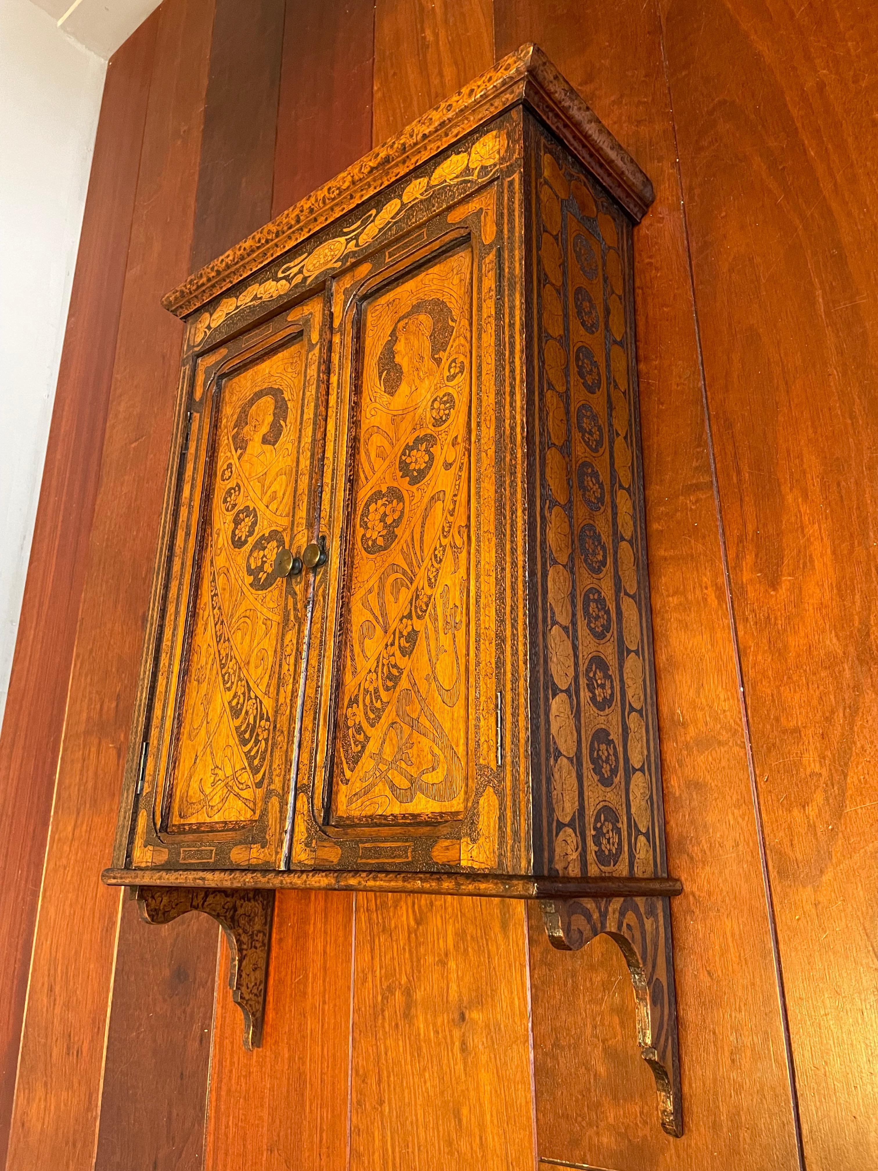 Antique Alphonse Mucha Style Wall Cabinet with Intricate Pokerwork Decoration 4