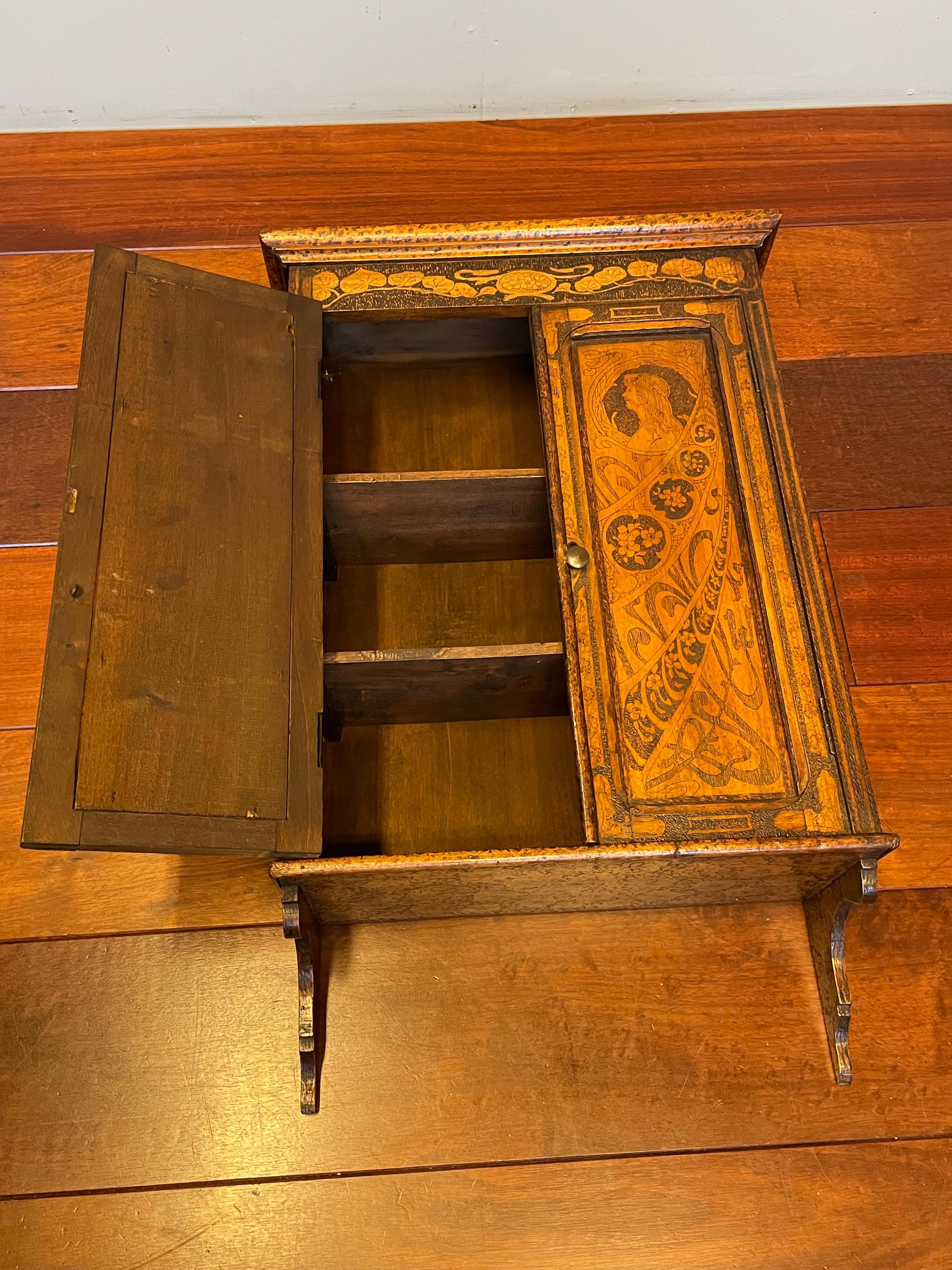 Antique Alphonse Mucha Style Wall Cabinet with Intricate Pokerwork Decoration 5