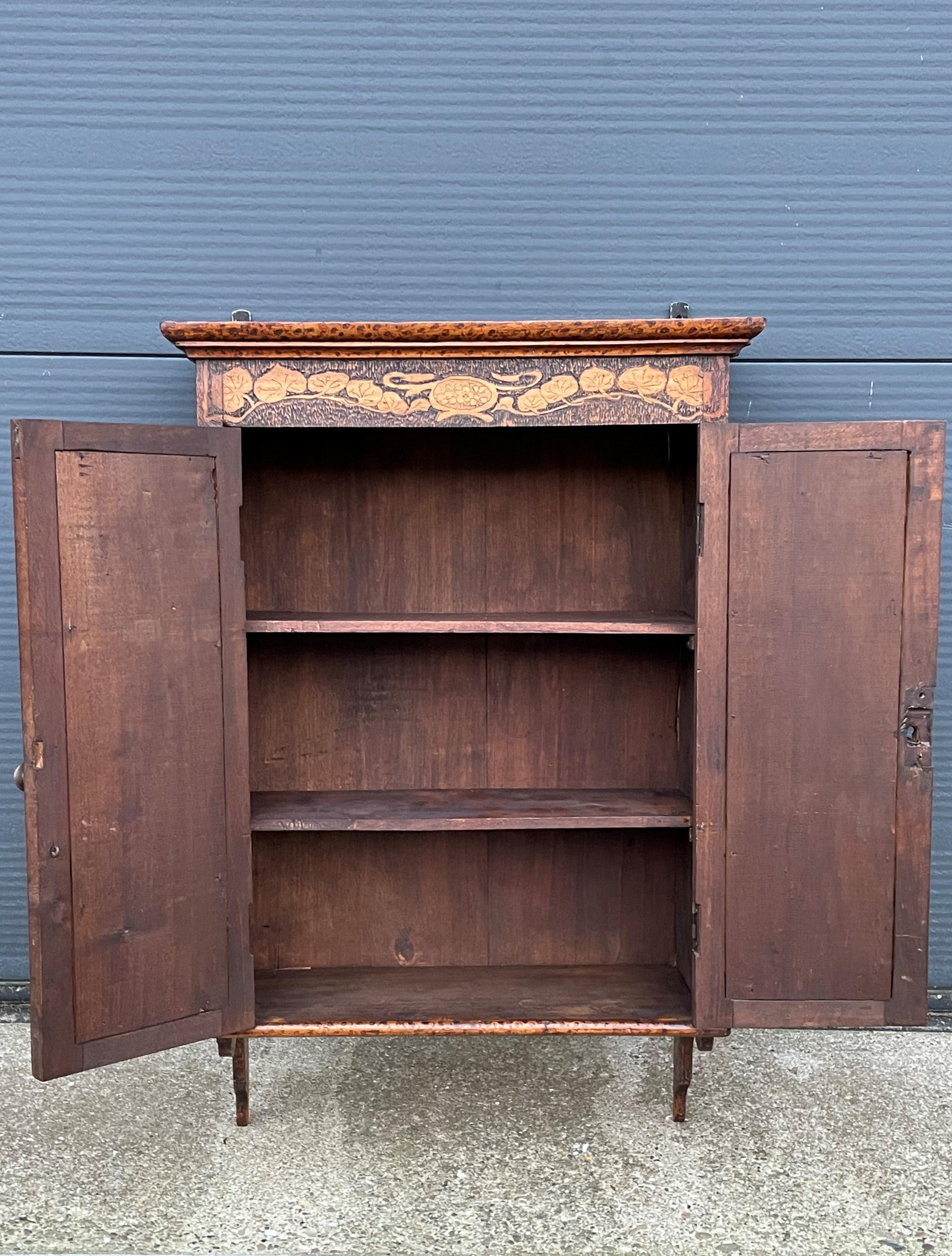 Antique Alphonse Mucha Style Wall Cabinet with Intricate Pokerwork Decoration 6