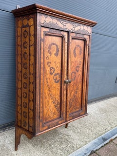 Antique Alphonse Mucha Style Wall Cabinet with Intricate Pokerwork Decoration