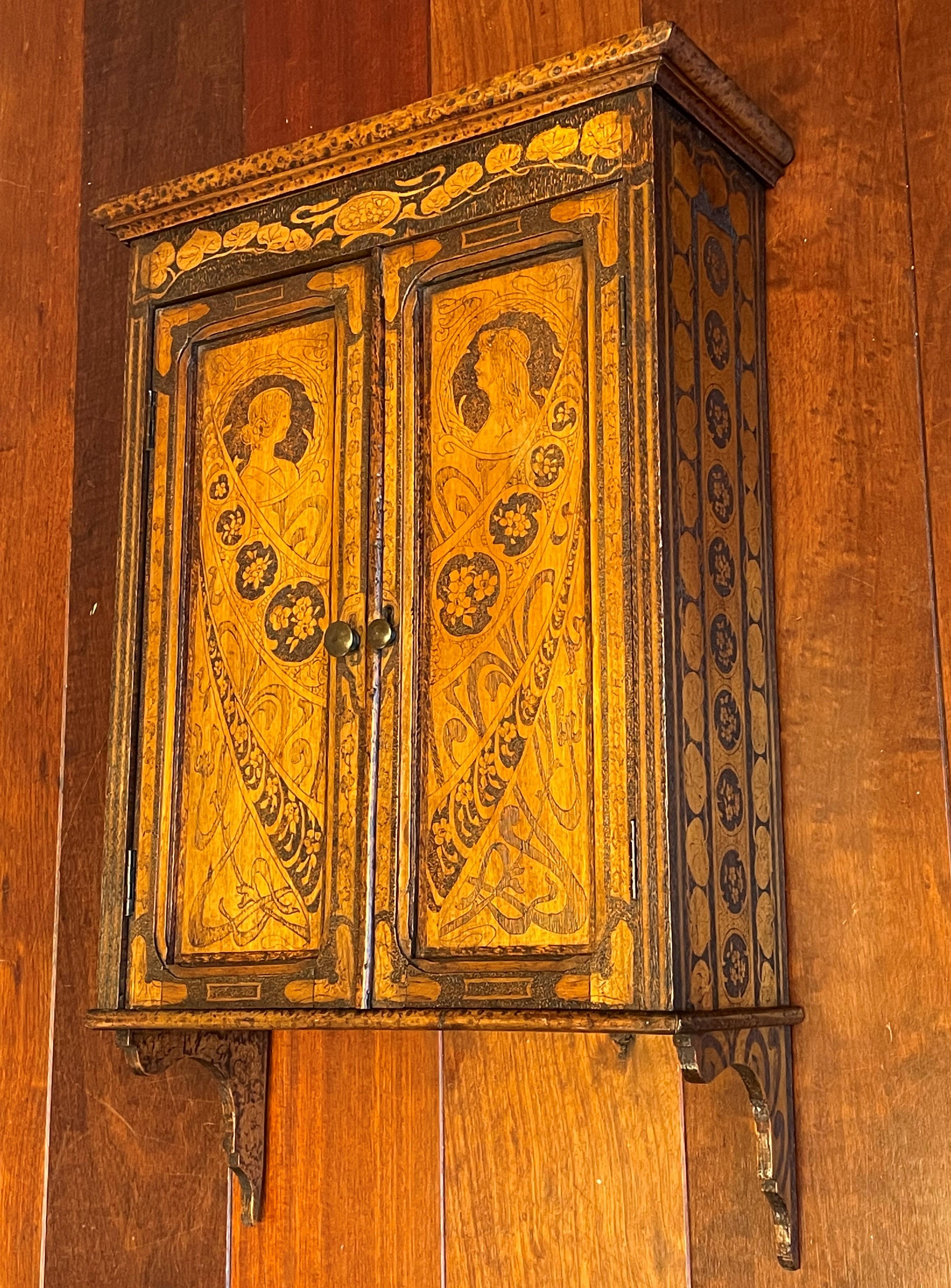 Jugendstil Antique Alphonse Mucha Style Wall Cabinet with Intricate Pokerwork Decoration