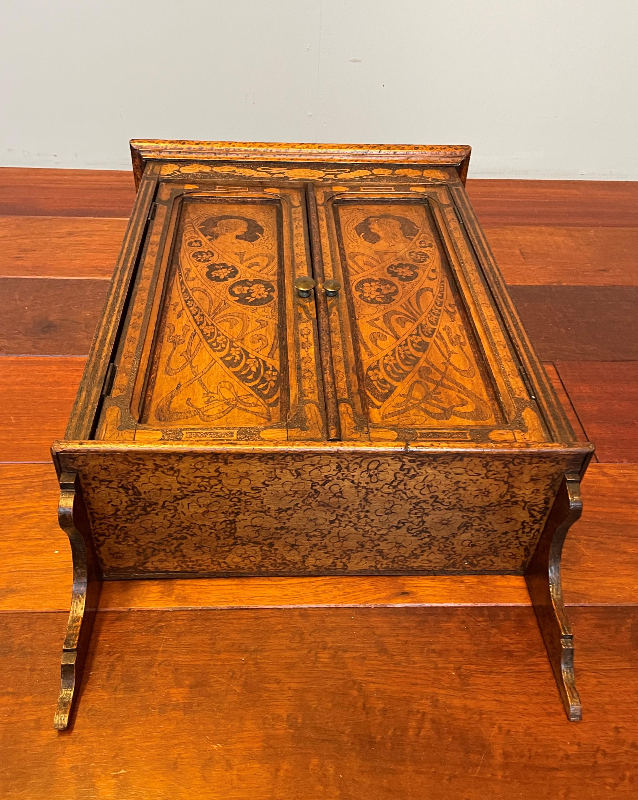 European Antique Alphonse Mucha Style Wall Cabinet with Intricate Pokerwork Decoration