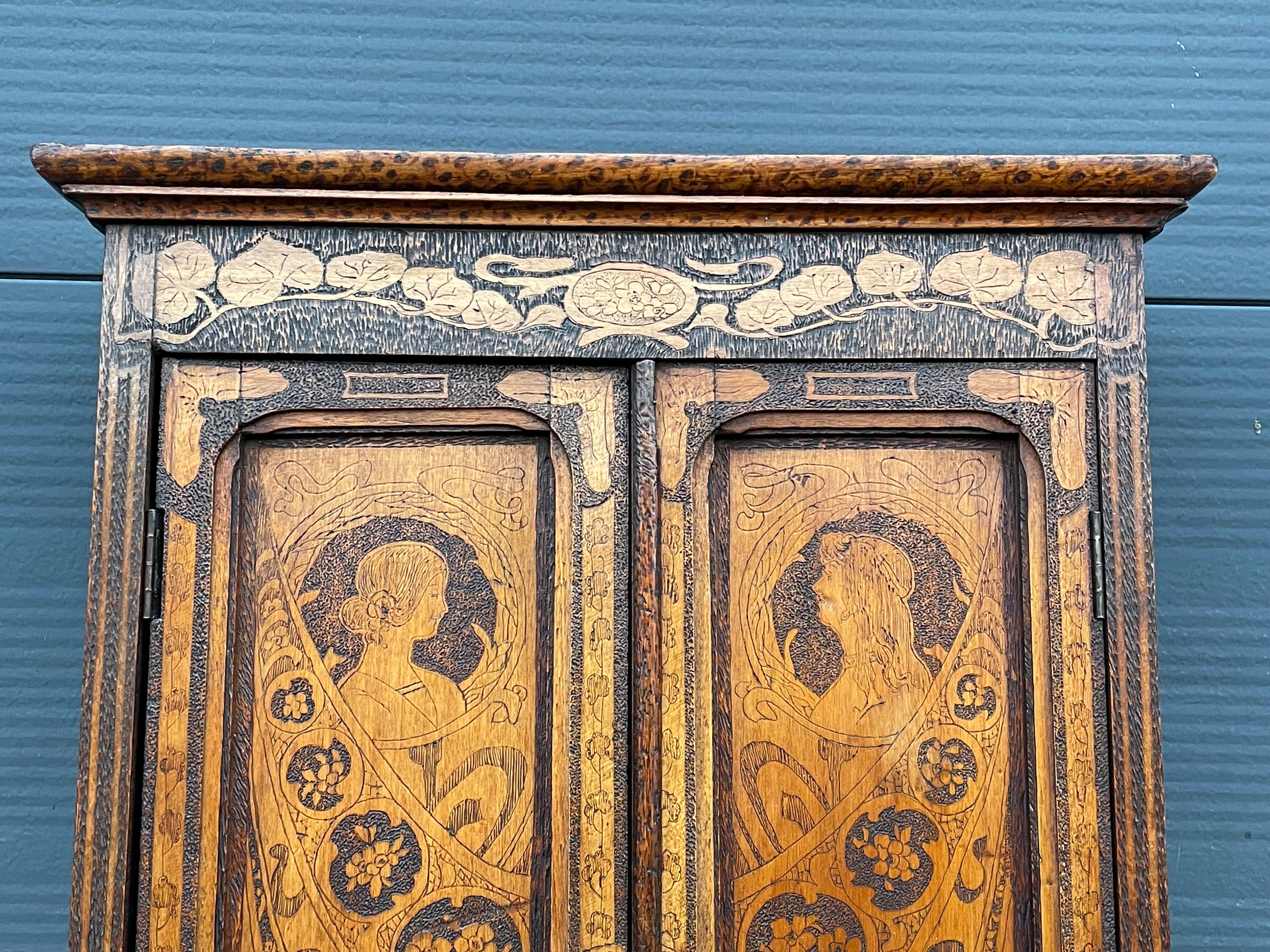 Burnished Antique Alphonse Mucha Style Wall Cabinet with Intricate Pokerwork Decoration
