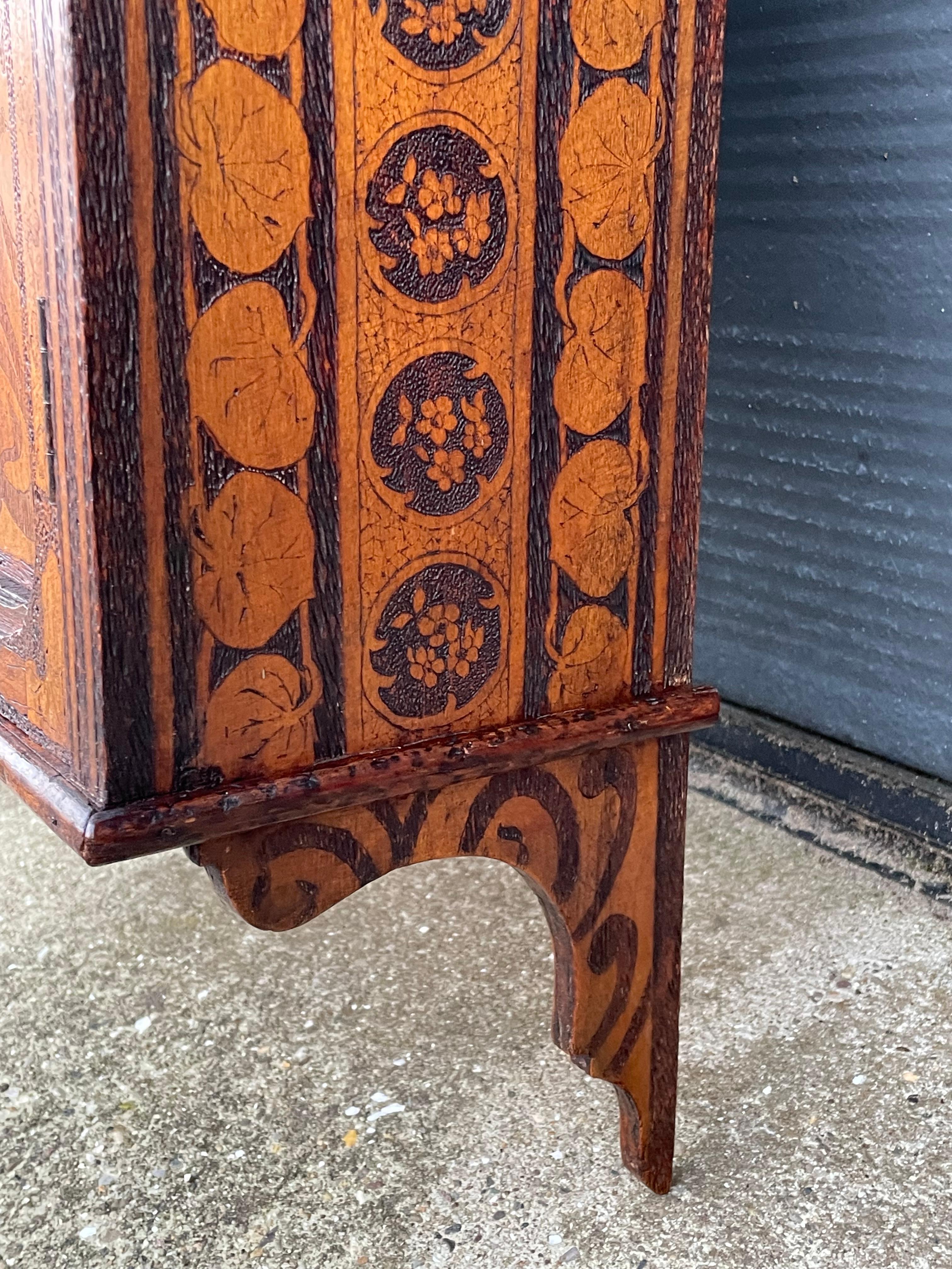 Brass Antique Alphonse Mucha Style Wall Cabinet with Intricate Pokerwork Decoration
