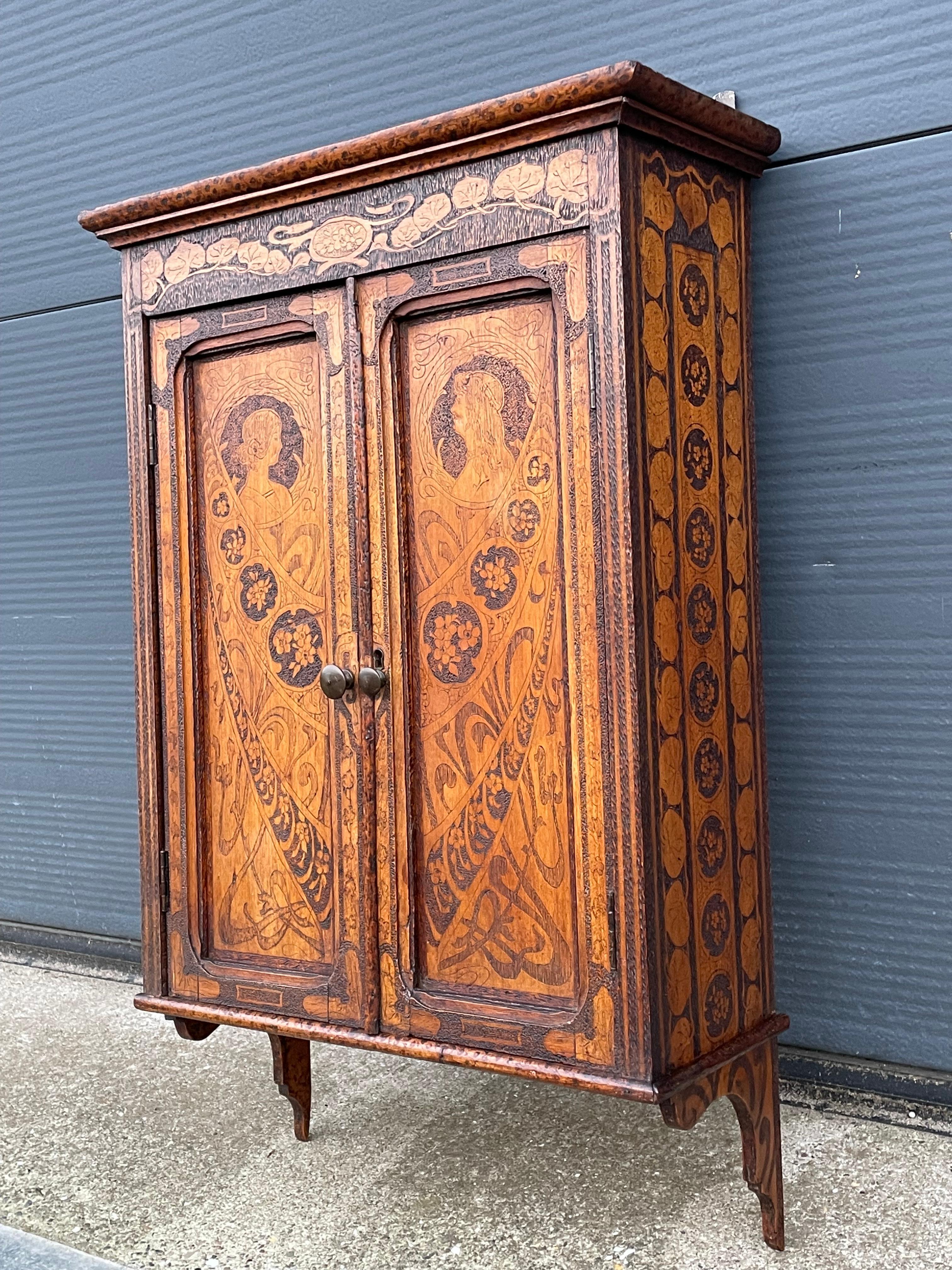 Antique Alphonse Mucha Style Wall Cabinet with Intricate Pokerwork Decoration 1