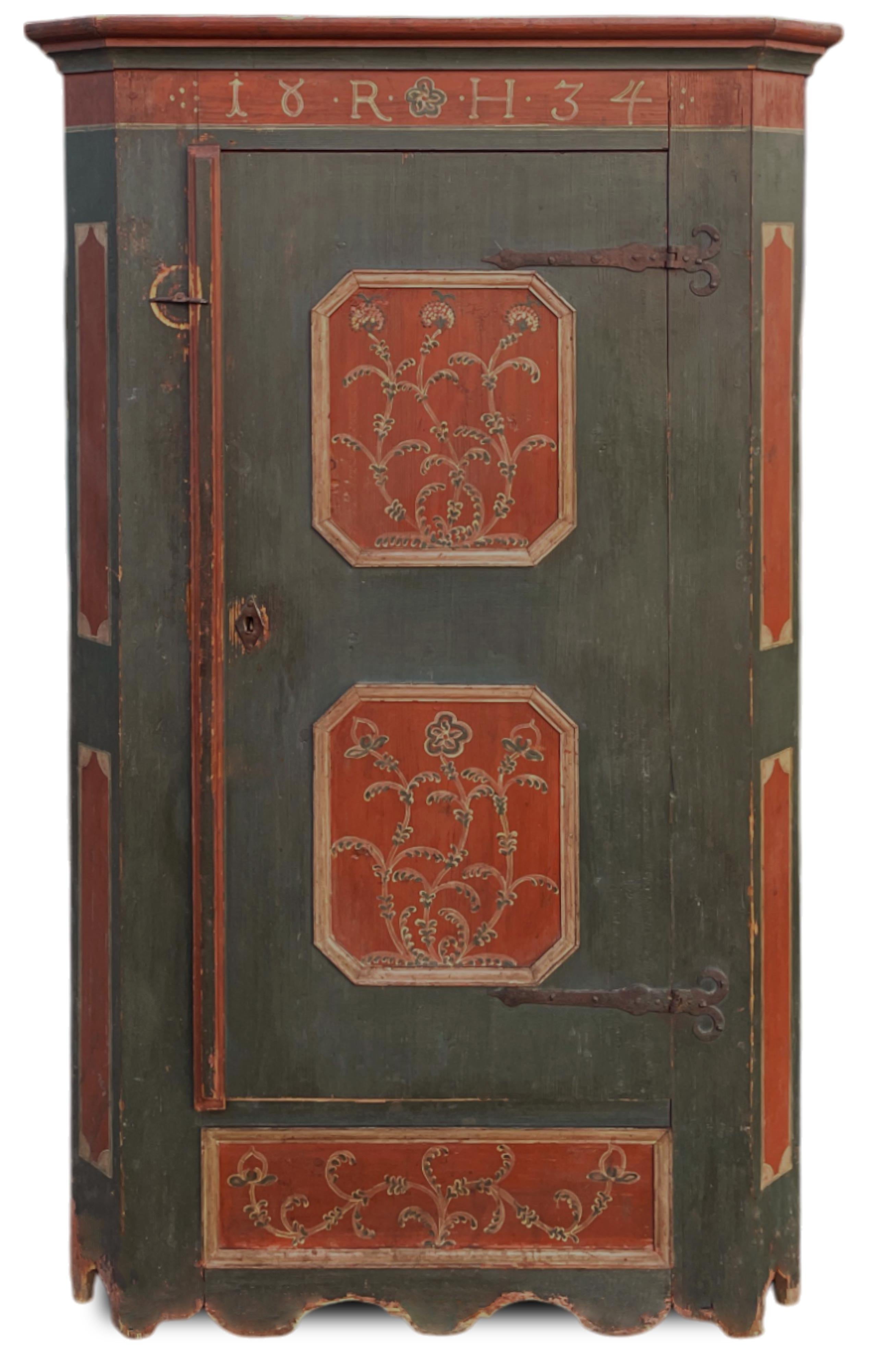 Antiguo armario pintado alpino fechado en 1834 Mid-19th Century en venta