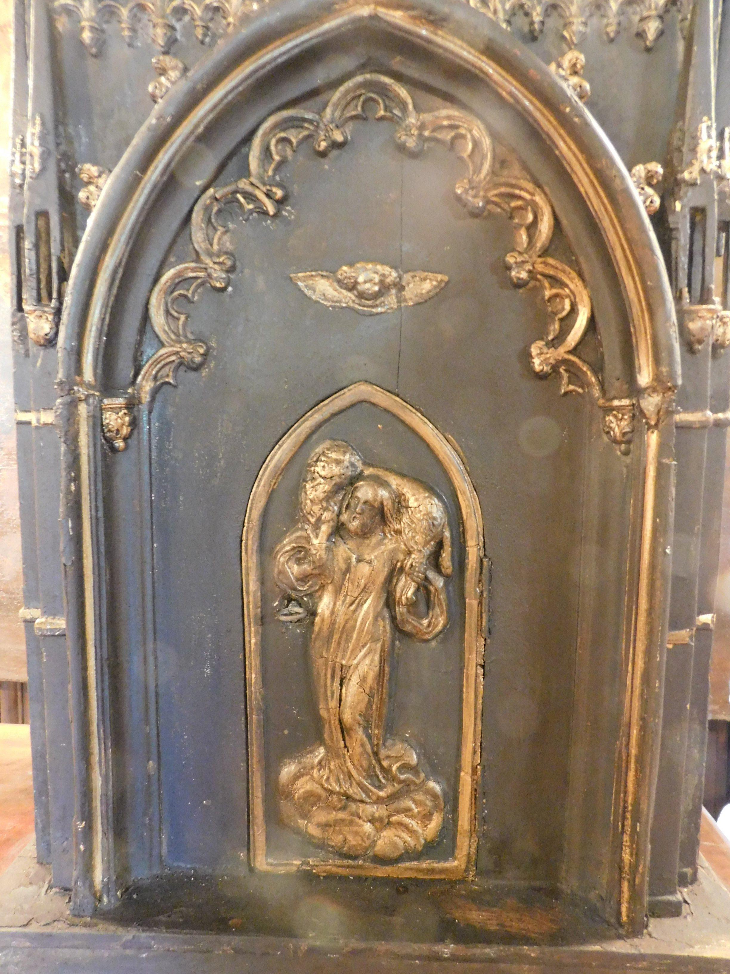 French Antique Altar Tabernacle Cabinets Black and Gold Wood, Carved Door, 1800, France