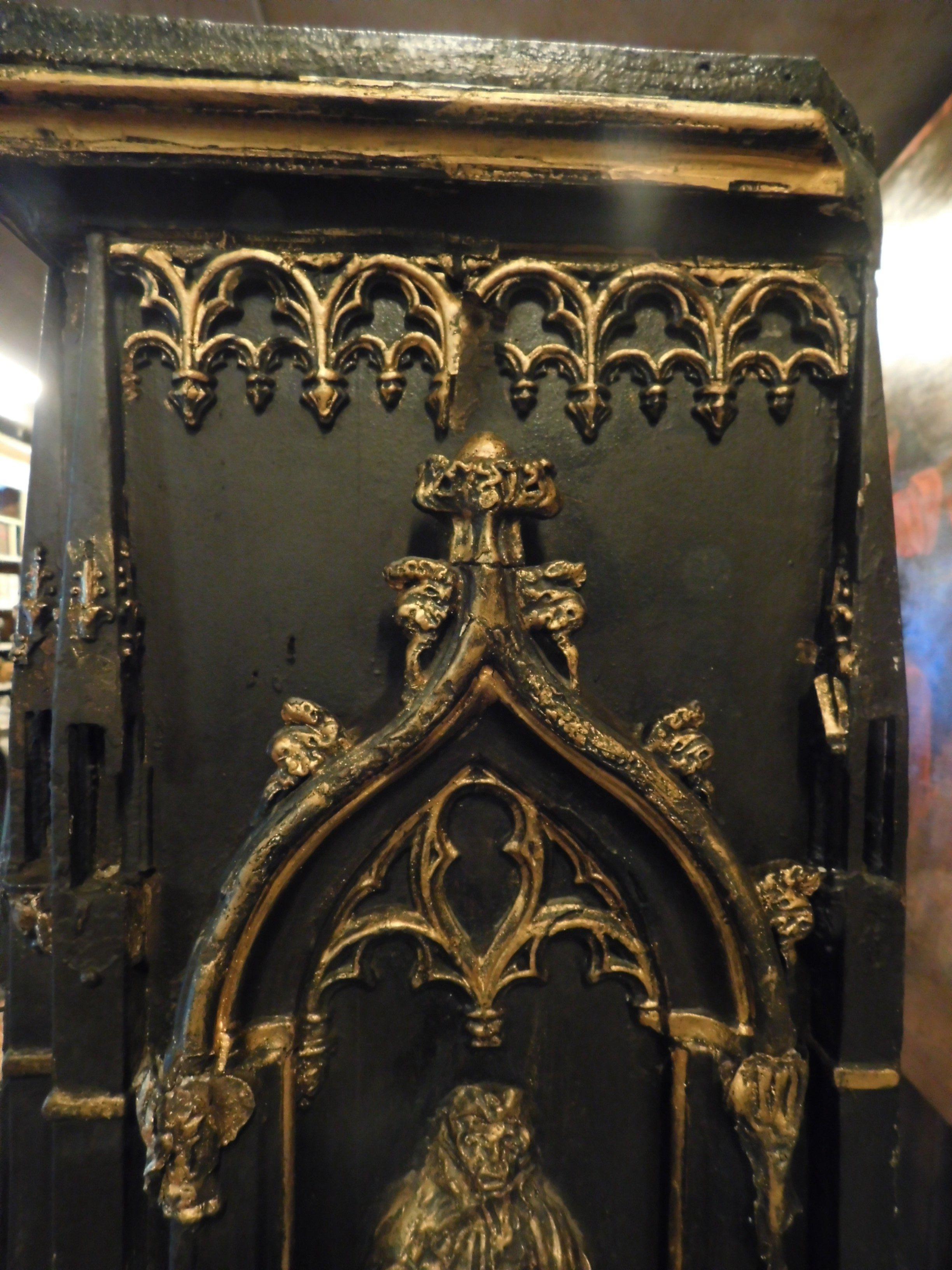 Hand-Painted Antique Altar Tabernacle Cabinets Black and Gold Wood, Carved Door, 1800, France