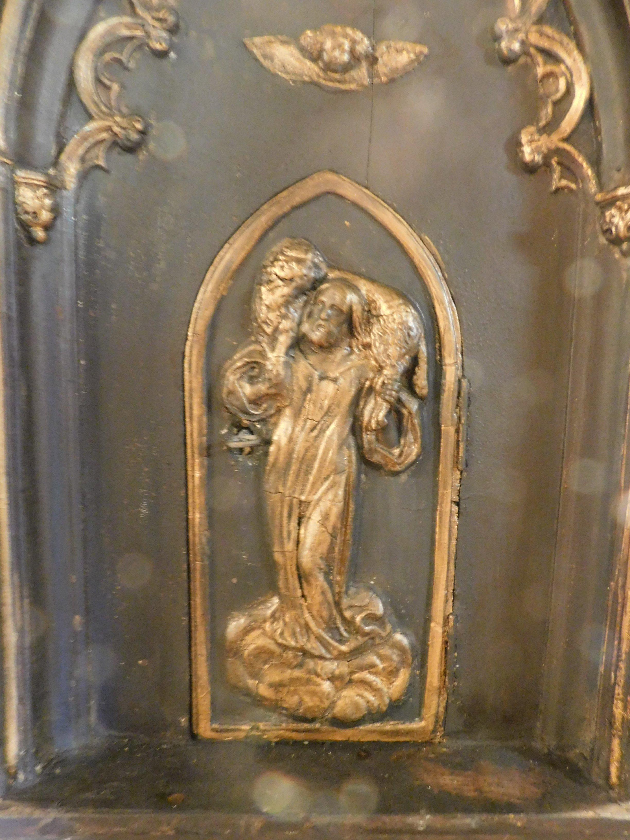 Antique Altar Tabernacle Cabinets Black and Gold Wood, Carved Door, 1800, France In Good Condition In Cuneo, Italy (CN)
