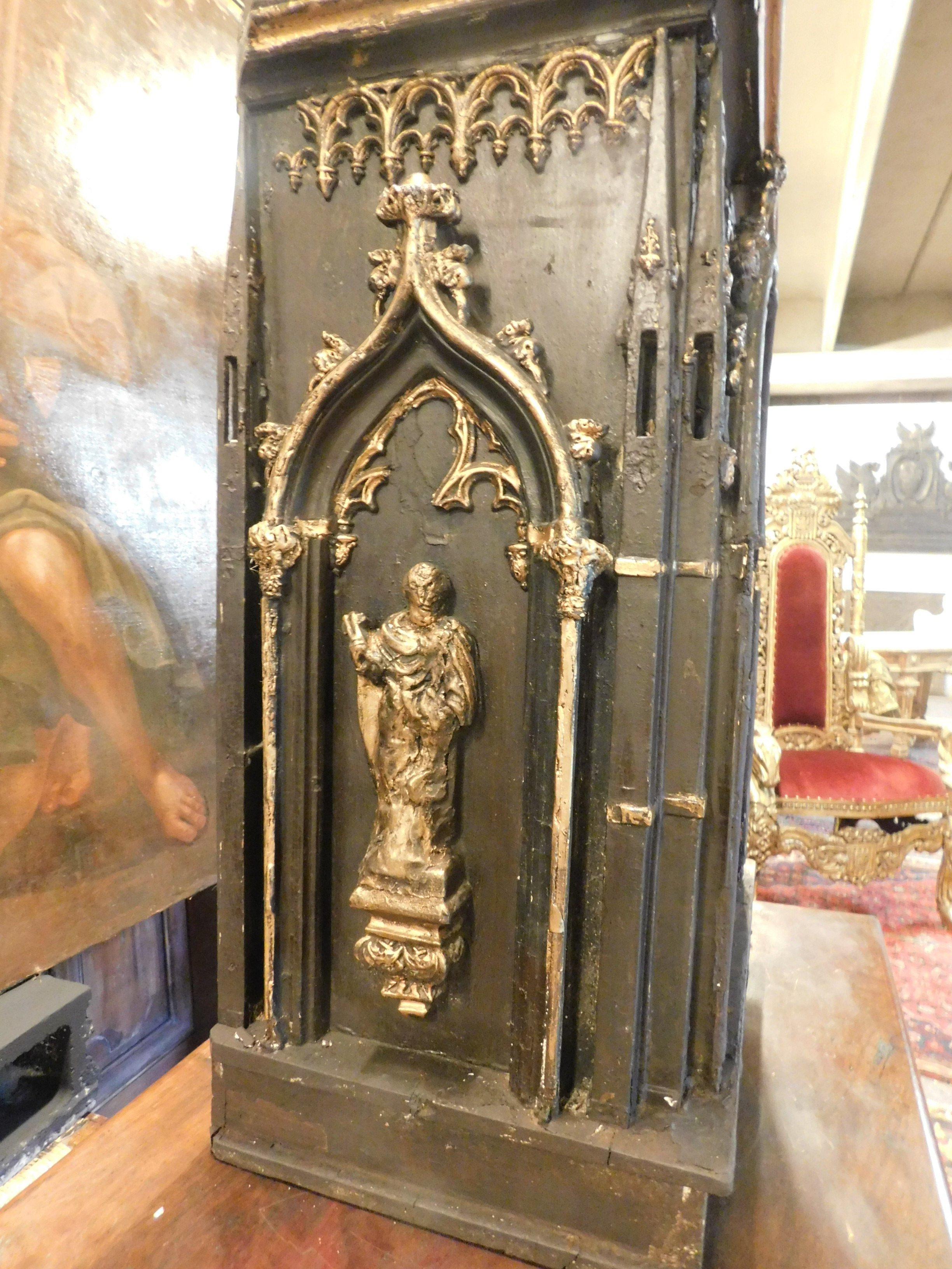 19th Century Antique Altar Tabernacle Cabinets Black and Gold Wood, Carved Door, 1800, France