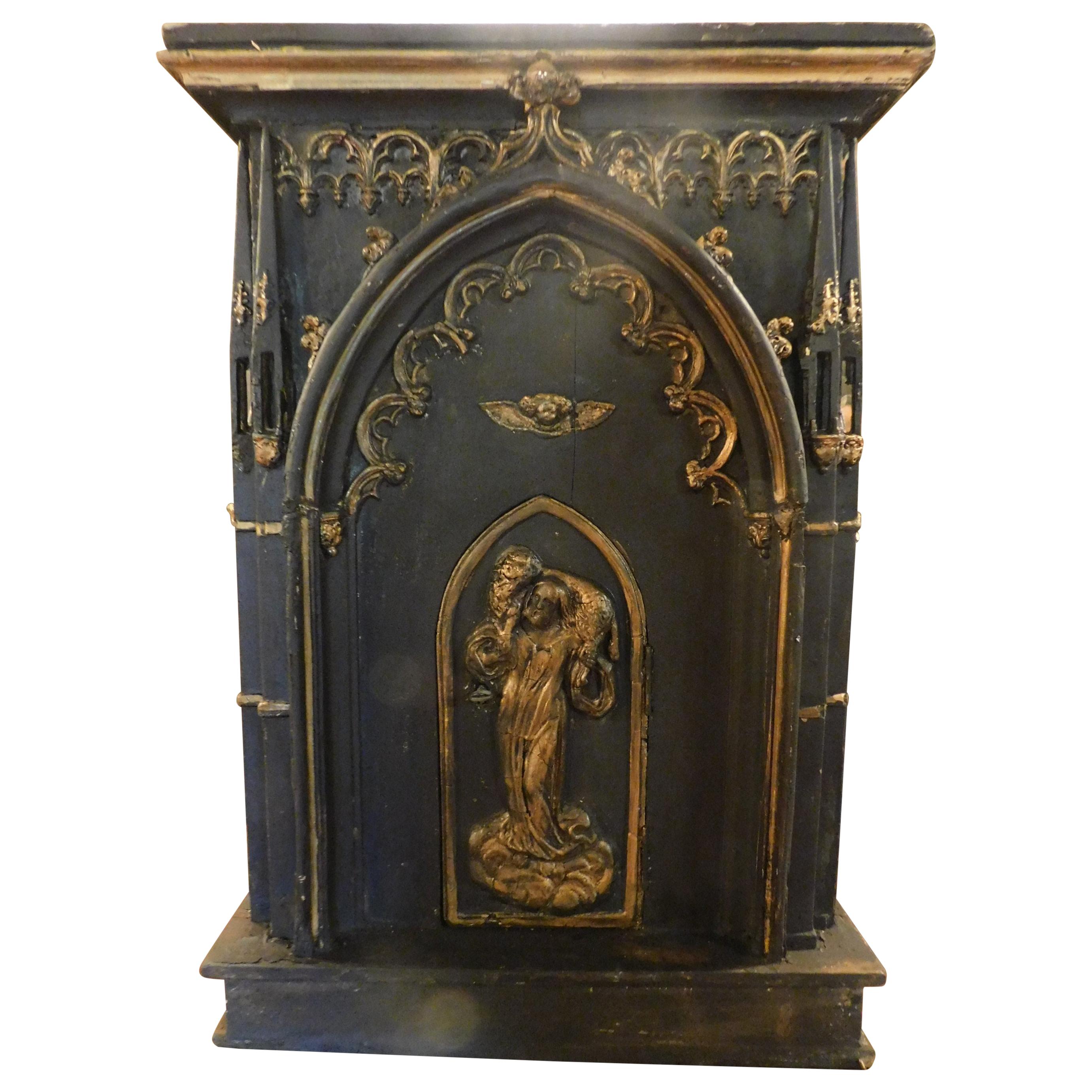 Antique Altar Tabernacle Cabinets Black and Gold Wood, Carved Door, 1800, France