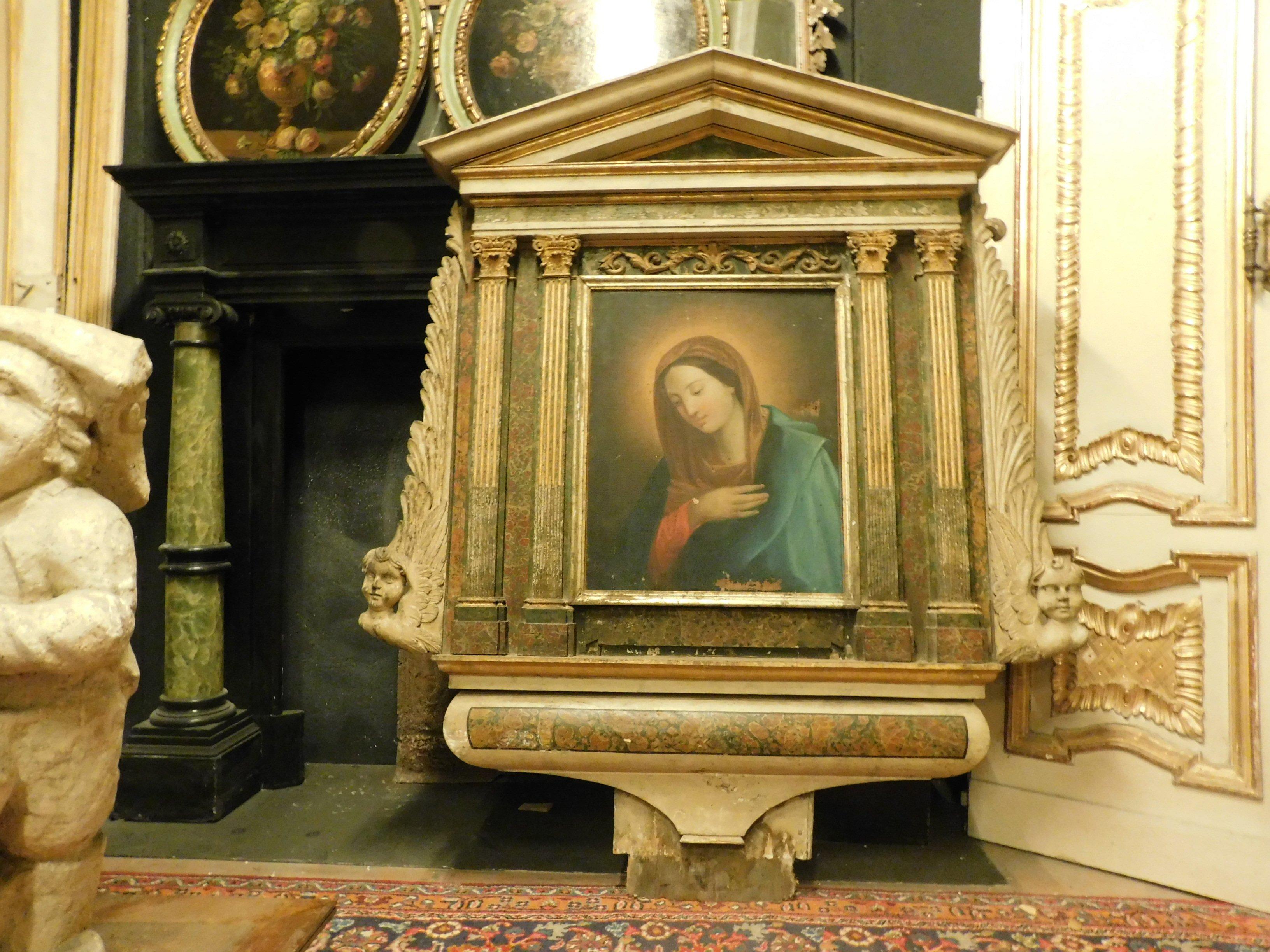Italian Antique Altarpiece Depicting Madonna, Painted Wood and Canvas, 18th Century